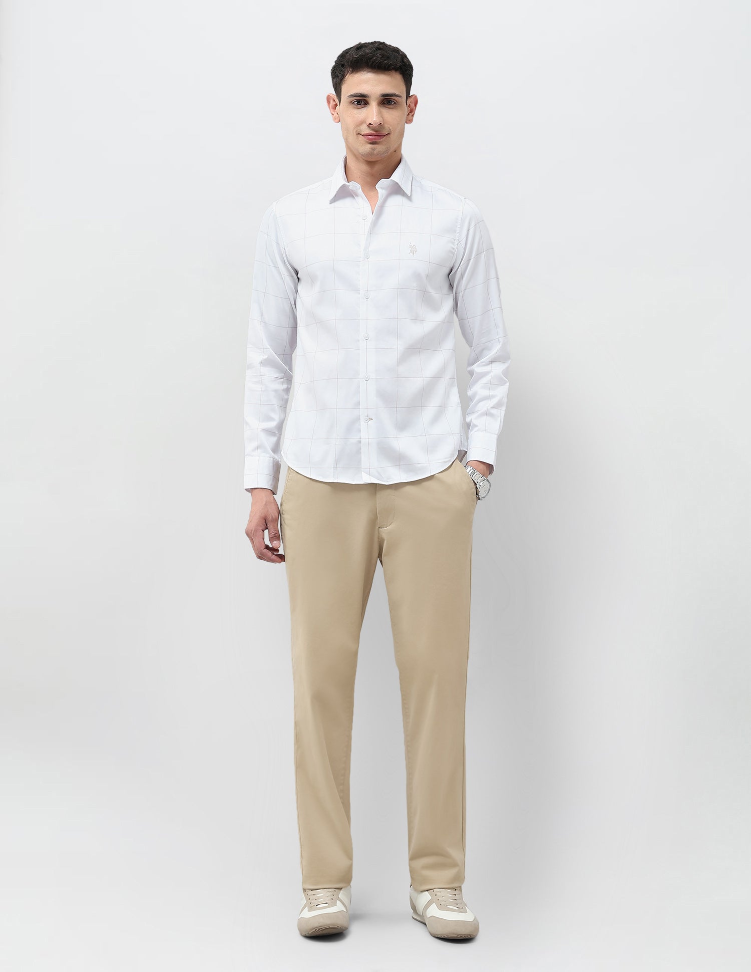 Windowpane Checked Tailored Fit Shirt White - U.S. POLO ASSN. | Large