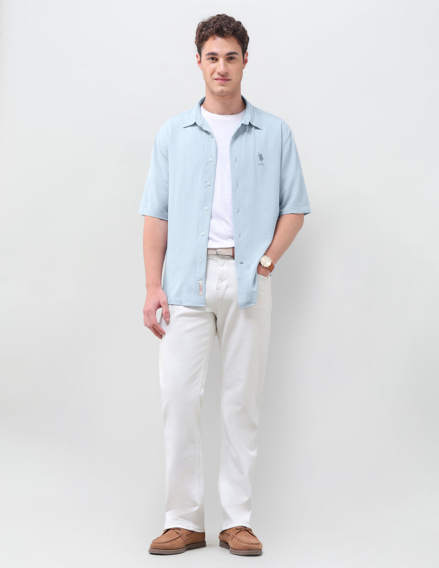 Crinkle Weave Relaxed Fit Shirt Light Blue - U.S. Polo Assn. India | Large