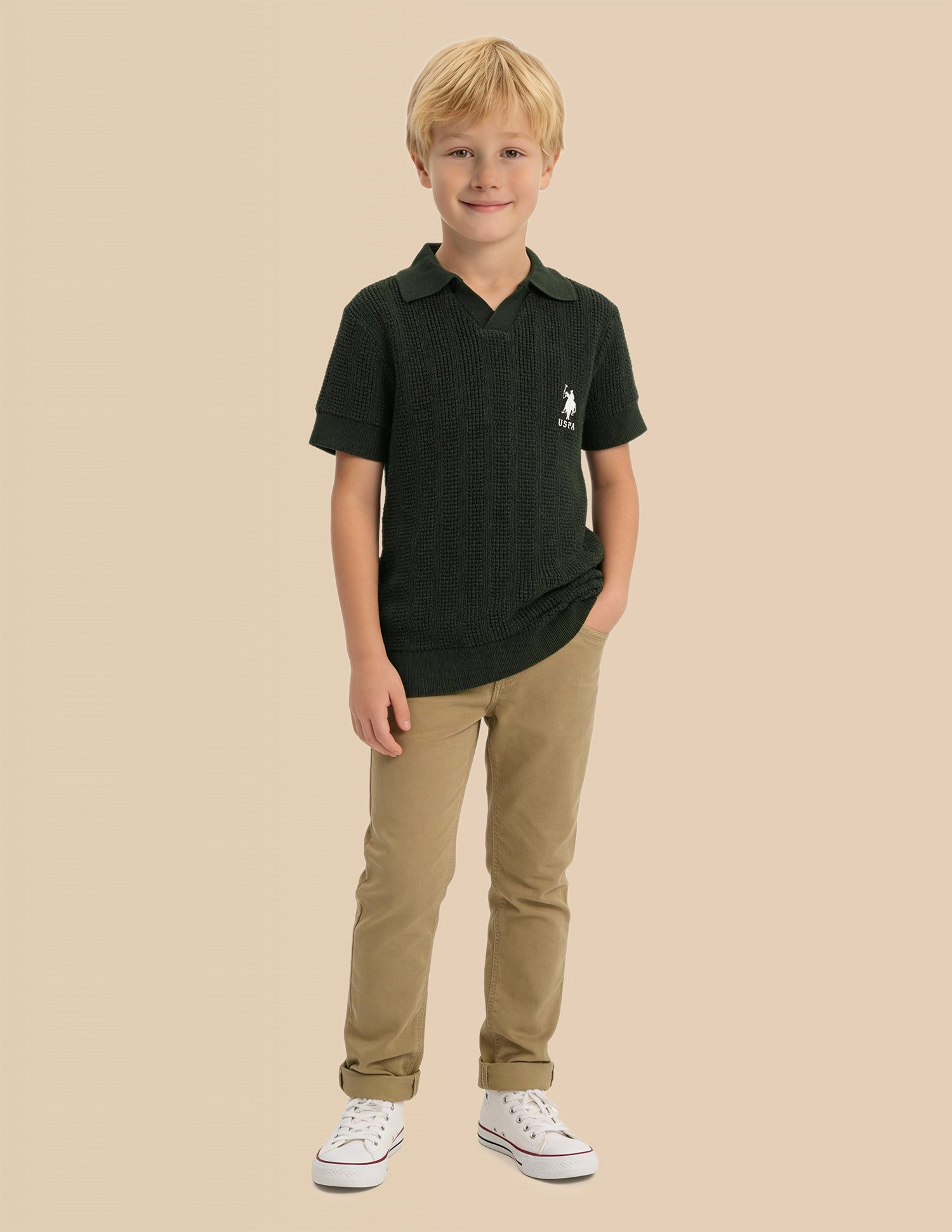 Boys Textured Regular Fit Polo Shirt Olive - U.S. Polo Assn. India | Large
