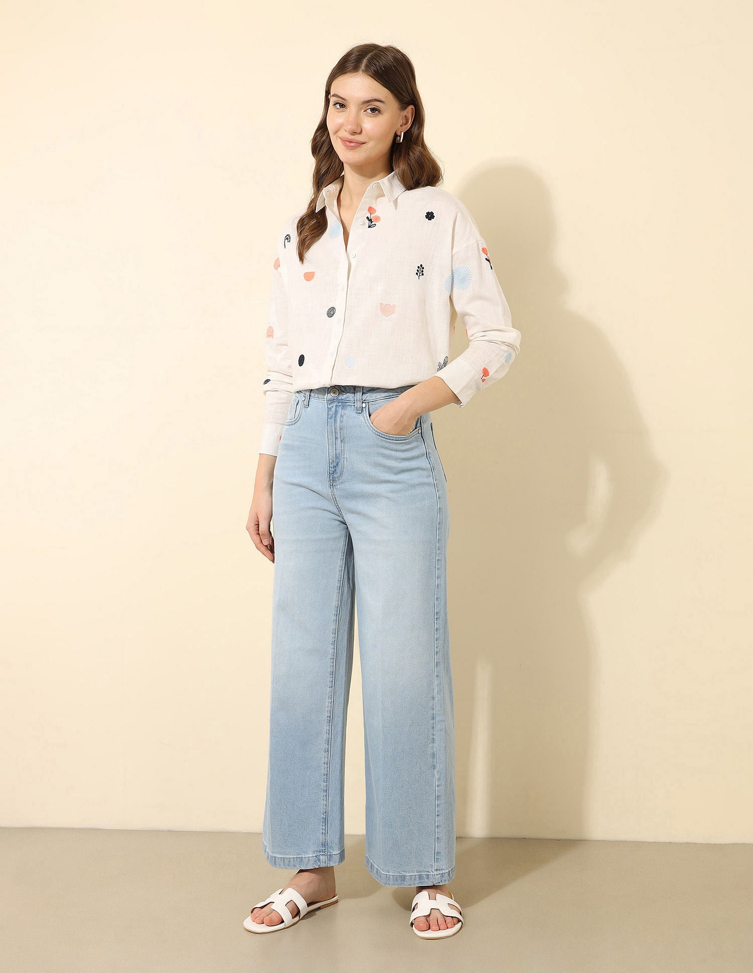 Oversized Floral Embroidered Shirt Off White - U.S. Polo Assn. India | Large