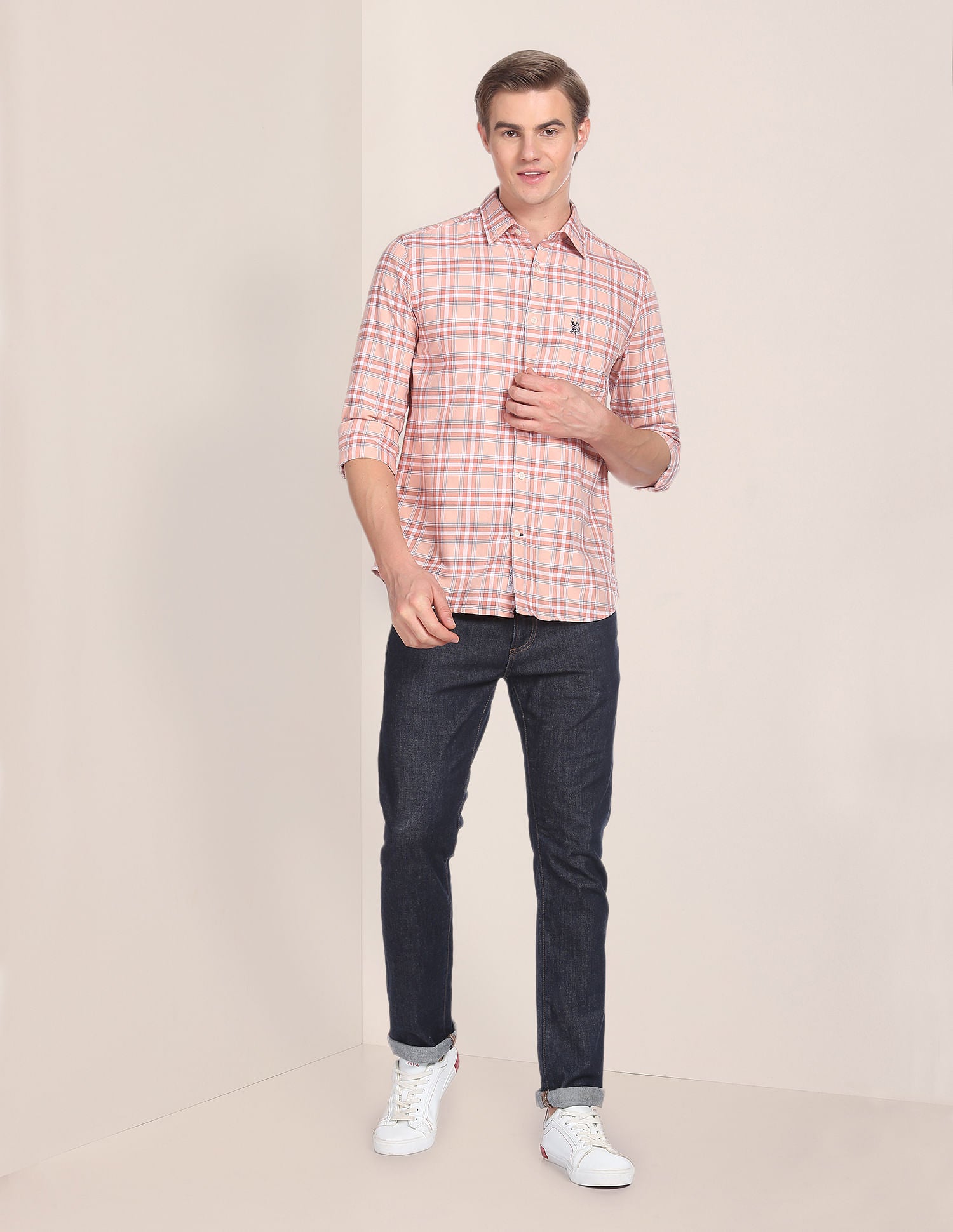 Spread Collar Tartan Check Shirt Peach - U.S. Polo Assn. India | Large
