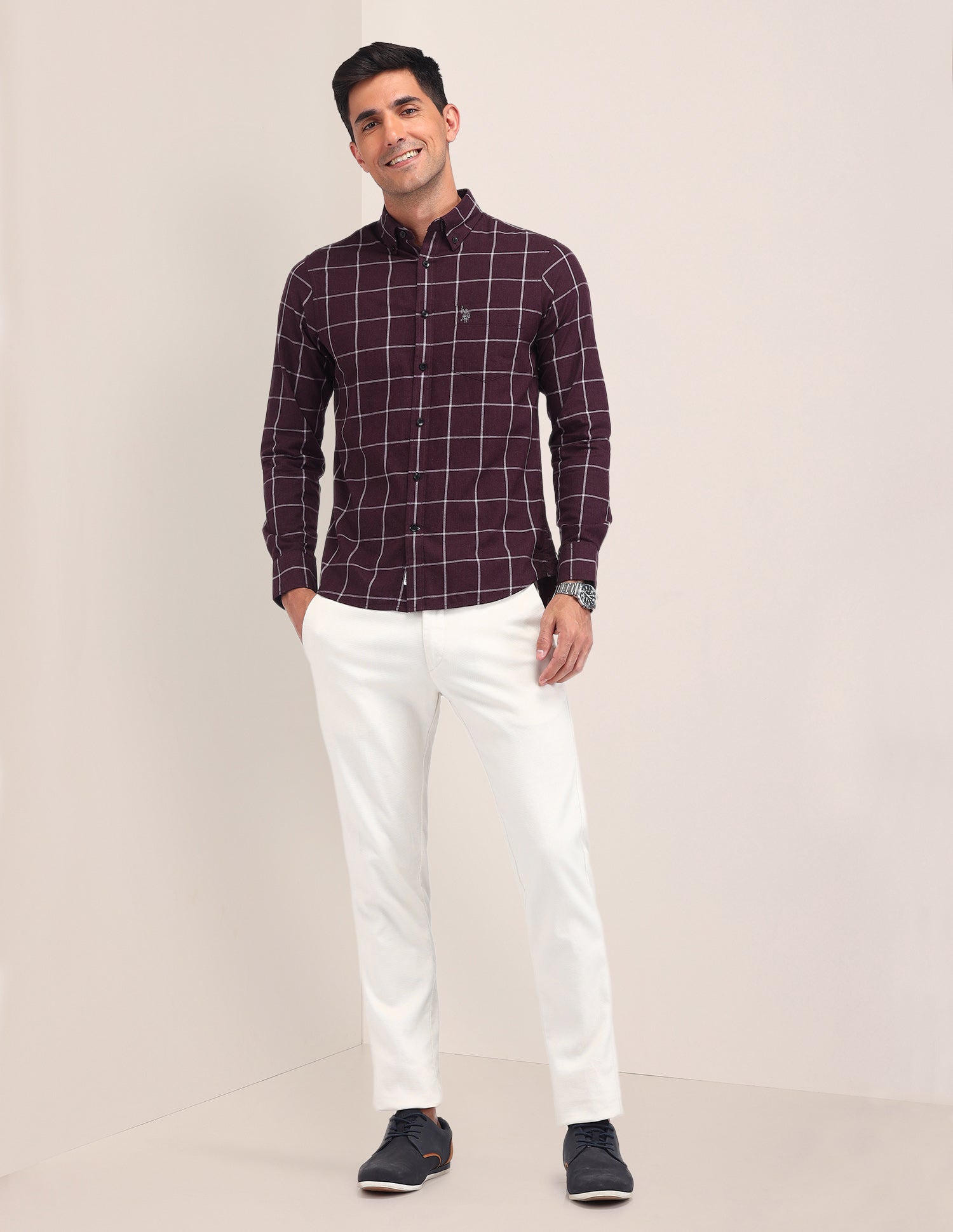 Windowpane Checked Tailored Fit Shirt Maroon - U.S. Polo Assn. India | Large