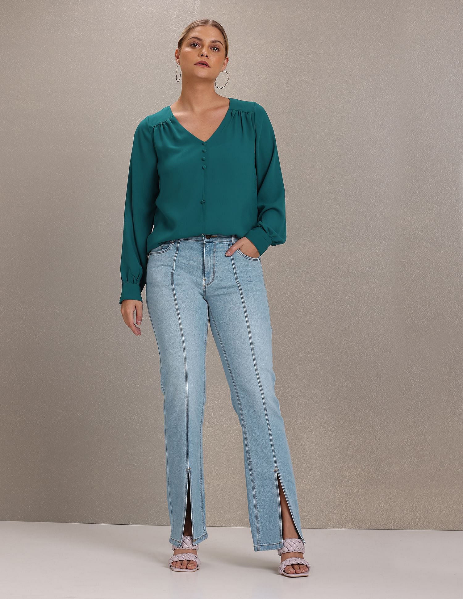Mock Button Placket Long Sleeve Top Teal - U.S. Polo Assn. India | Large
