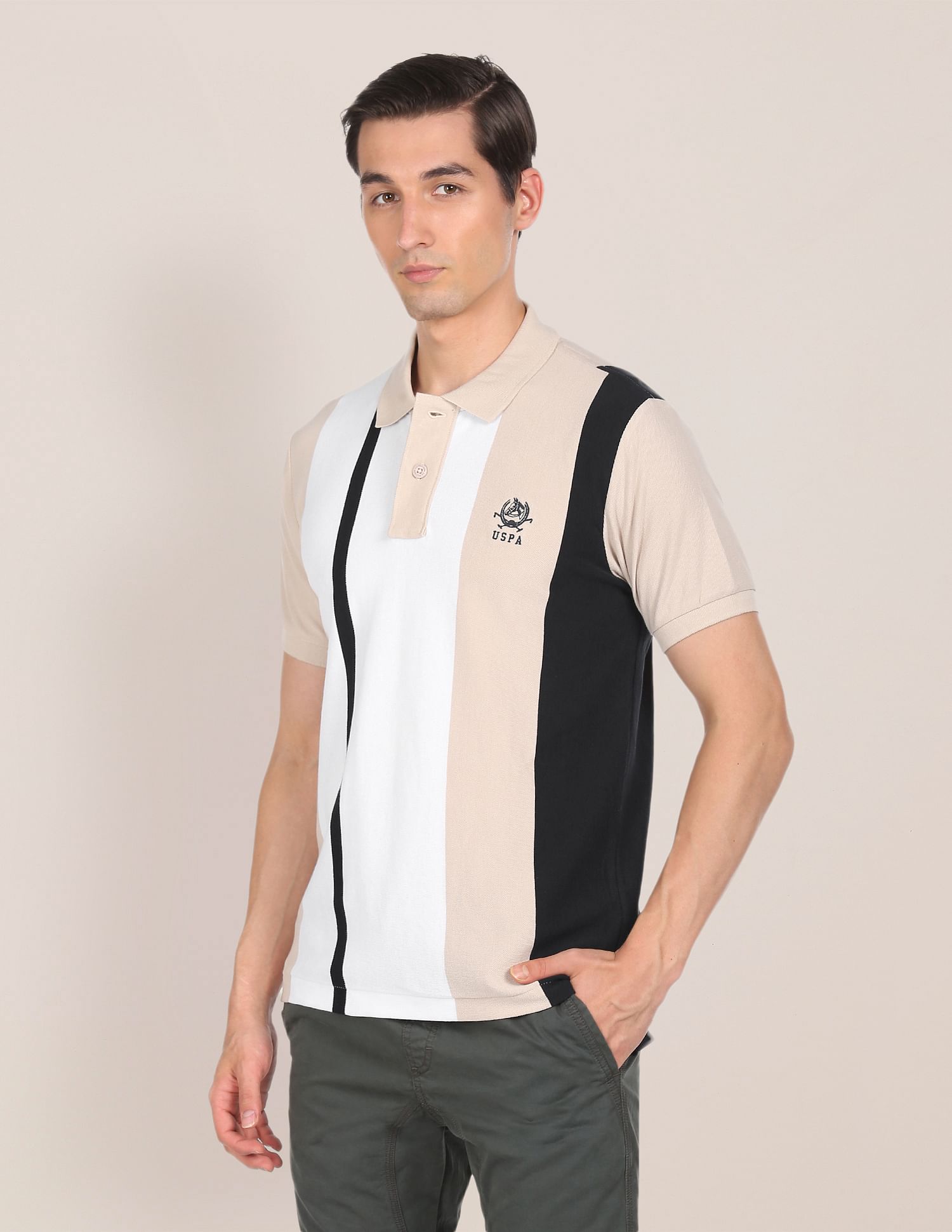 Ribbed Collar Striped Polo Shirt Beige - U.S. POLO ASSN. | Large