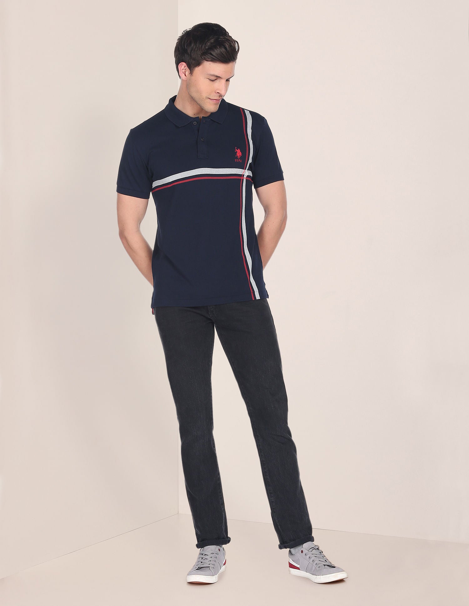 Offset Stripe Cotton Polo Shirt Navy - U.S. Polo Assn. India | Large