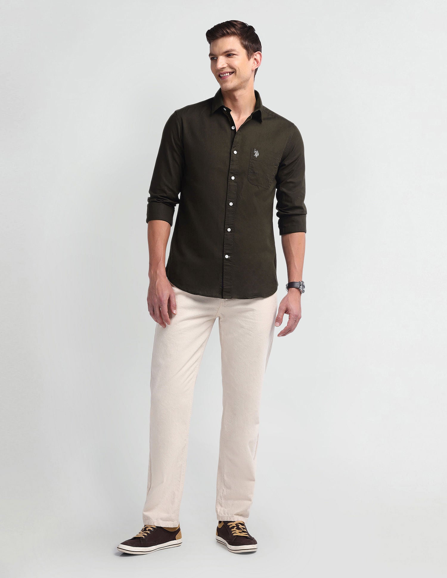 Semi Cutaway Collar Slim Fit Shirt Olive - U.S. Polo Assn. India | Large
