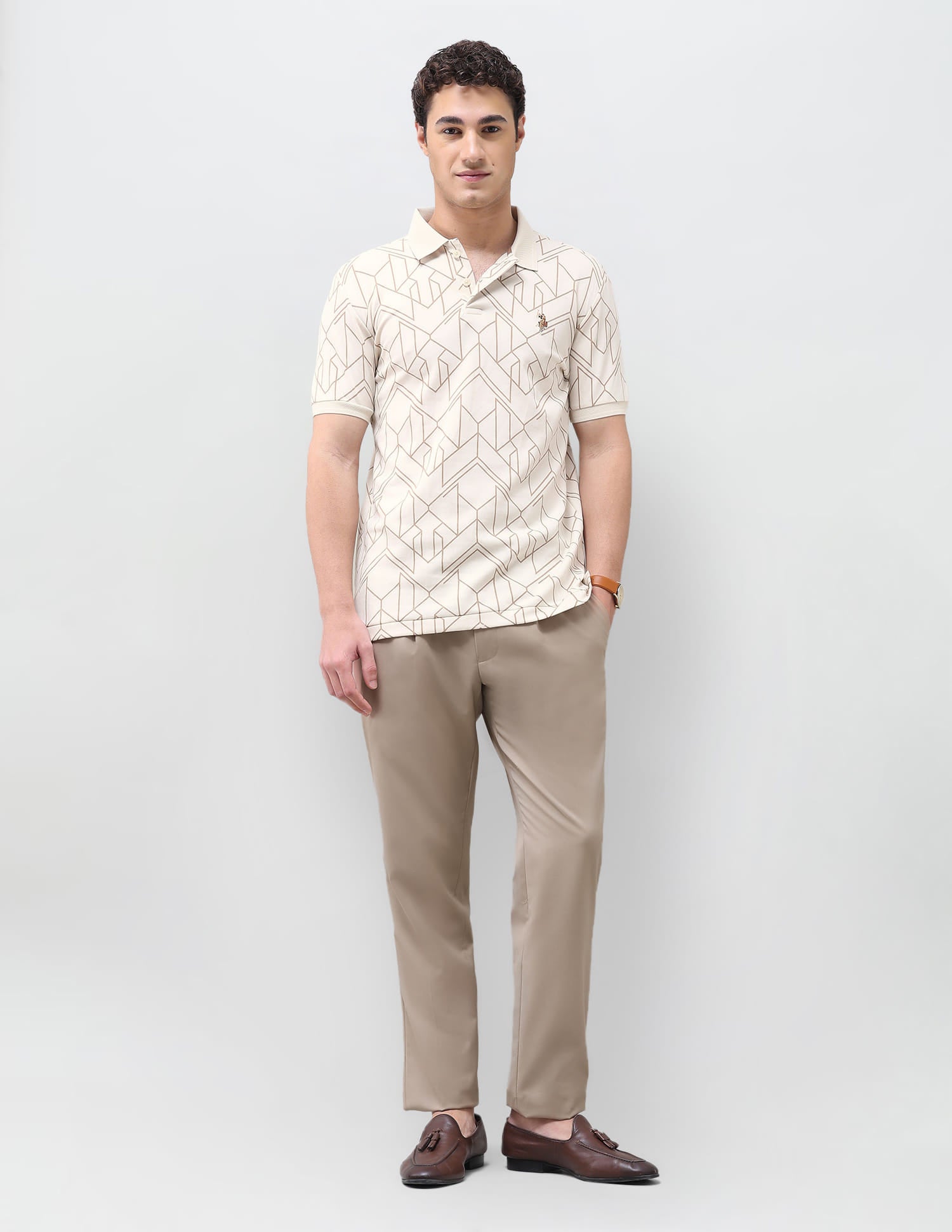 Geometric Printed Slim Fit Polo Shirt Beige - U.S. Polo Assn. India | Large