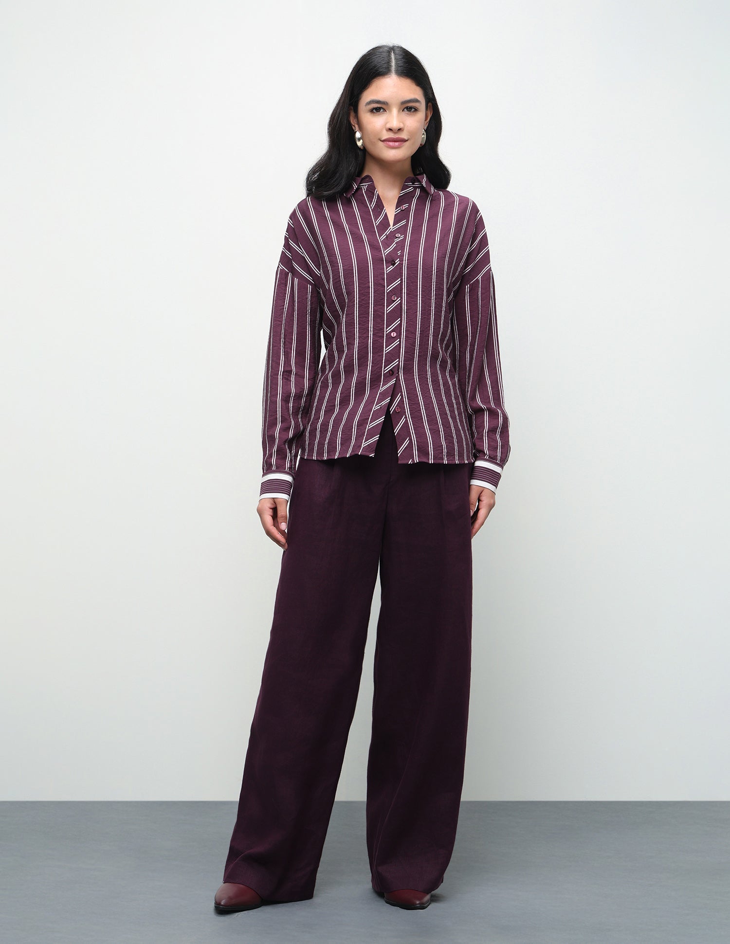 Vertical Striped Boyfriend Fit Shirt Wine - U.S. Polo Assn. India | Large