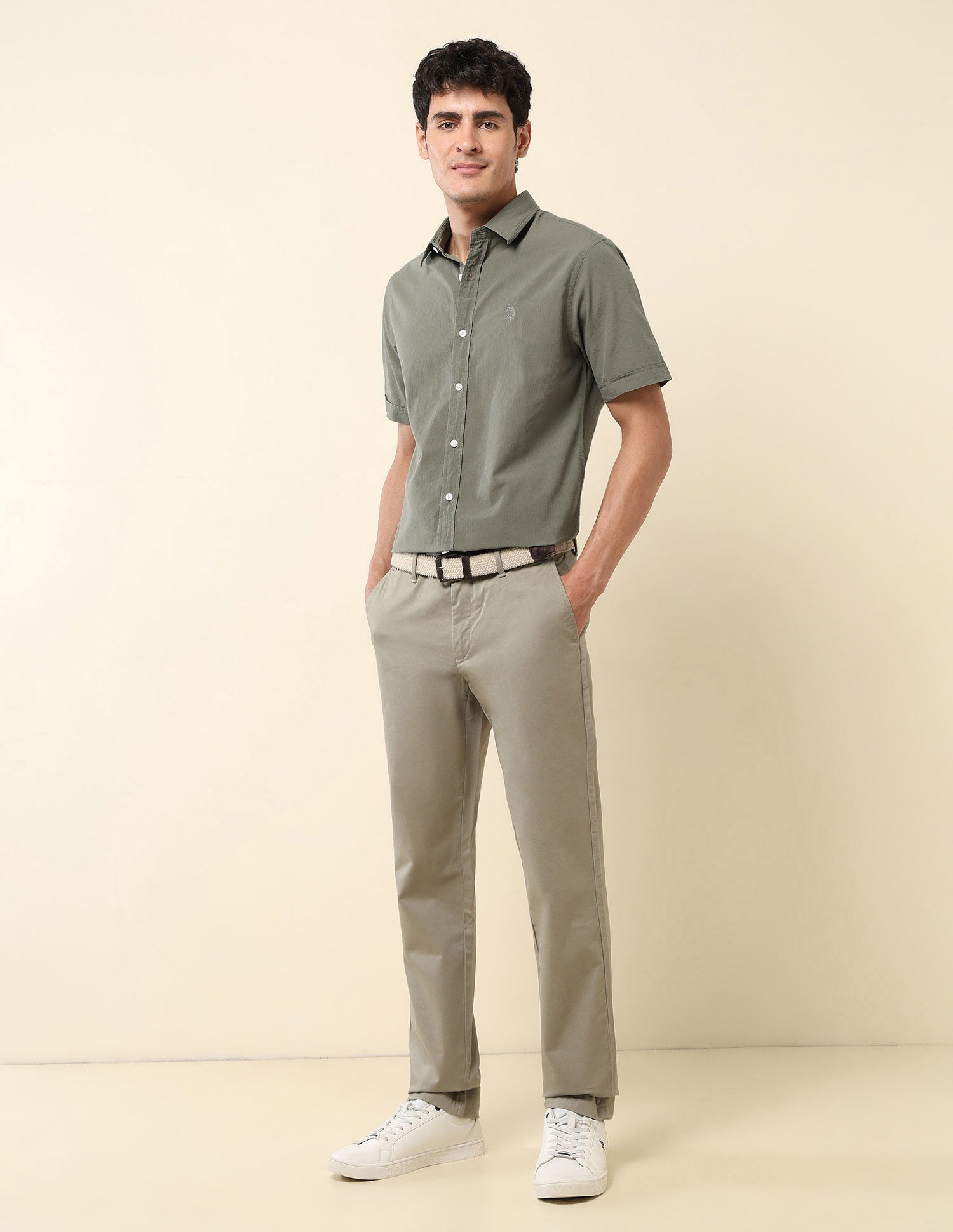 Textured Pure Cotton Shirt Olive - U.S. Polo Assn. India | Large