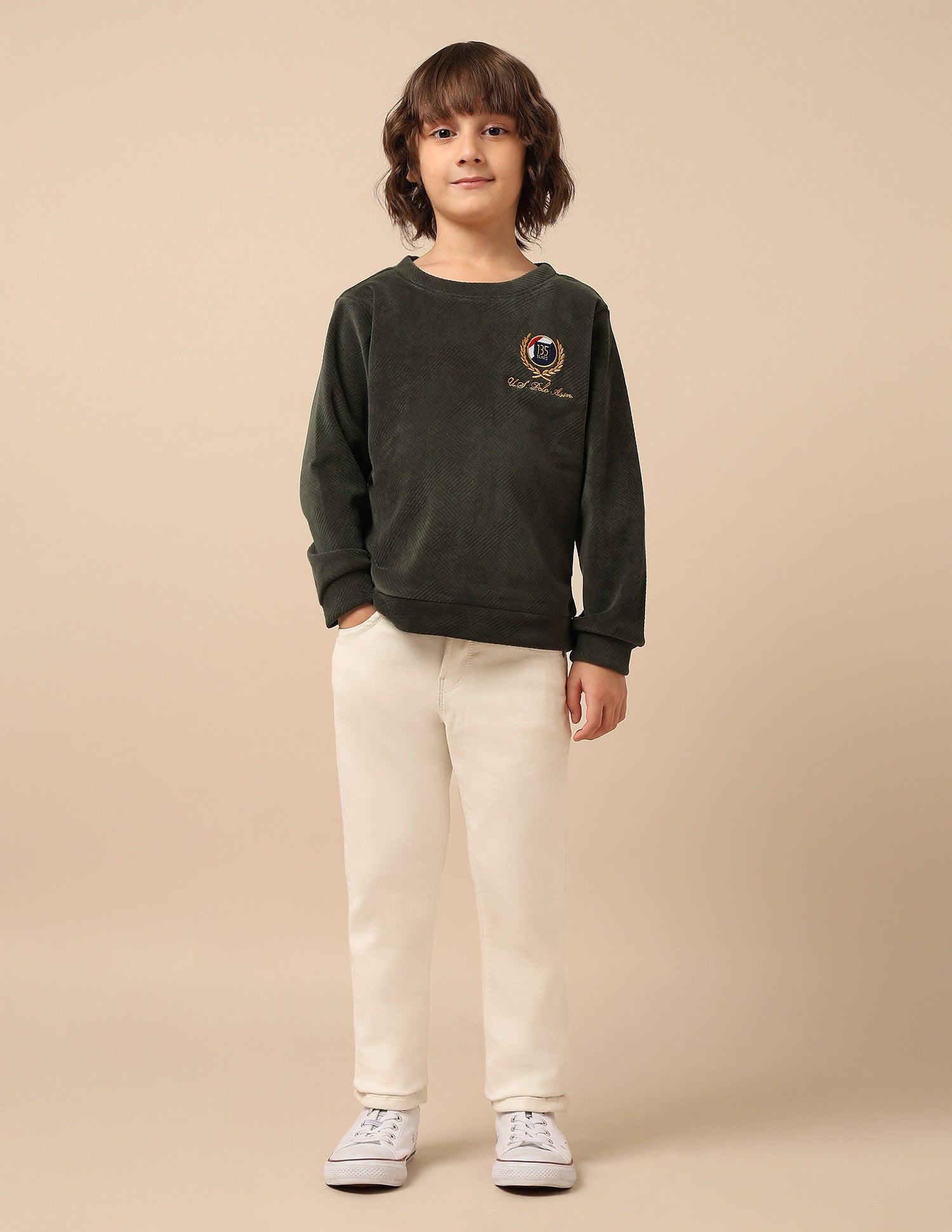 Boys Textured Patterned Knit Regular Fit Sweatshirt Olive - U.S. POLO ASSN. | Large