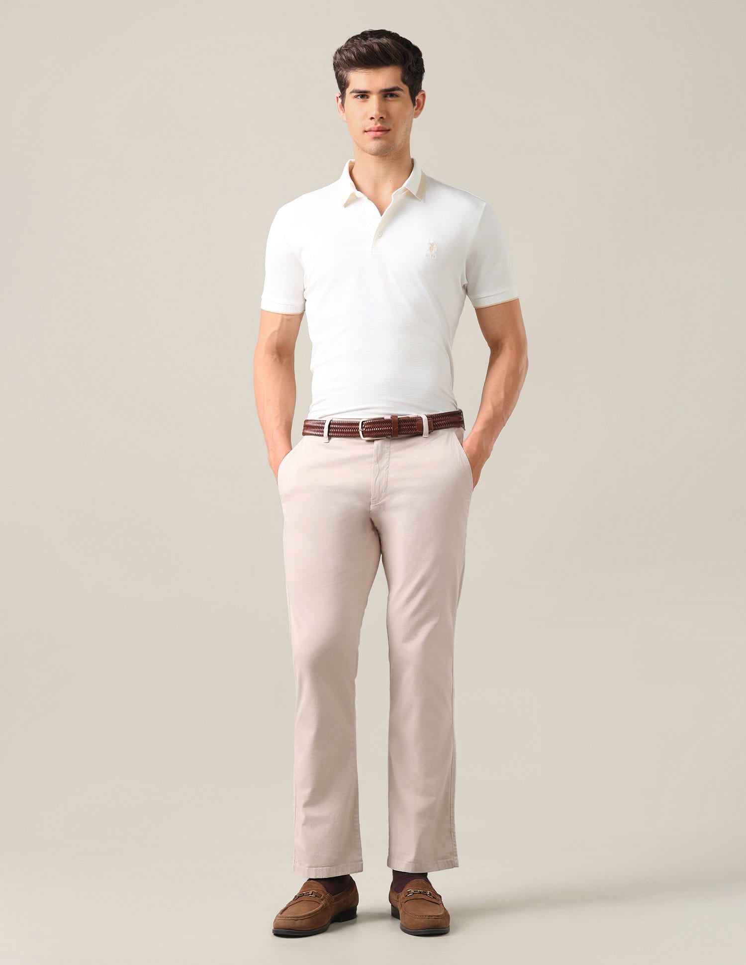 Riley Straight Fit Twill Trousers Beige - U.S. Polo Assn. India | Large