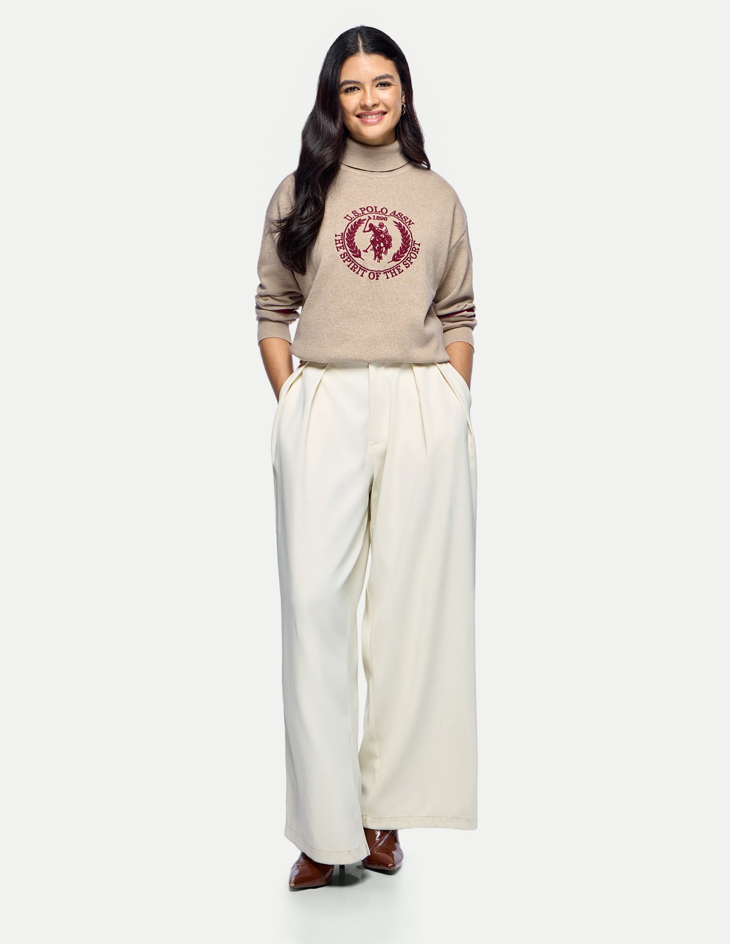 Brand Embroidered Relaxed Fit Sweater Beige - U.S. Polo Assn. India | Large