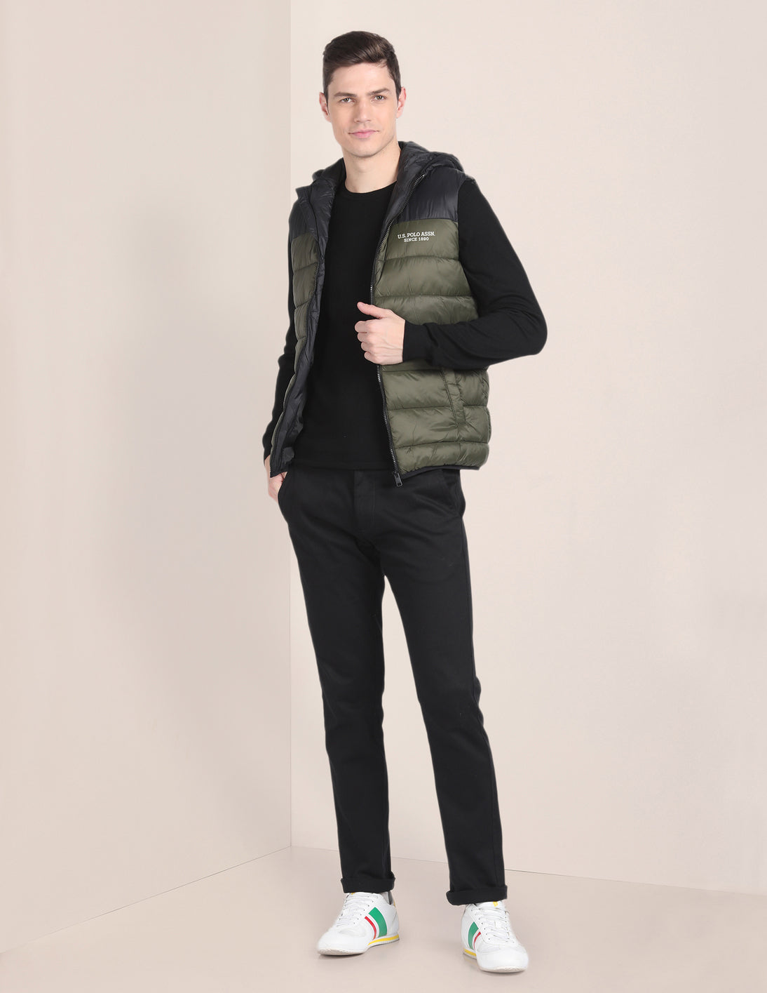 Colour Blocked Hooded Puffer Jacket Olive - U.S. POLO ASSN. | Large