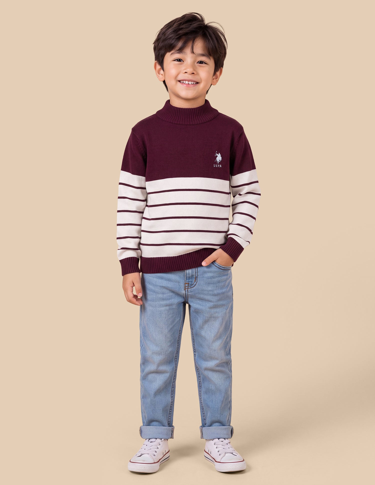 Horizontal Striped Colourblocked Regular Fit Sweater Maroon - U.S. Polo Assn. India | Large
