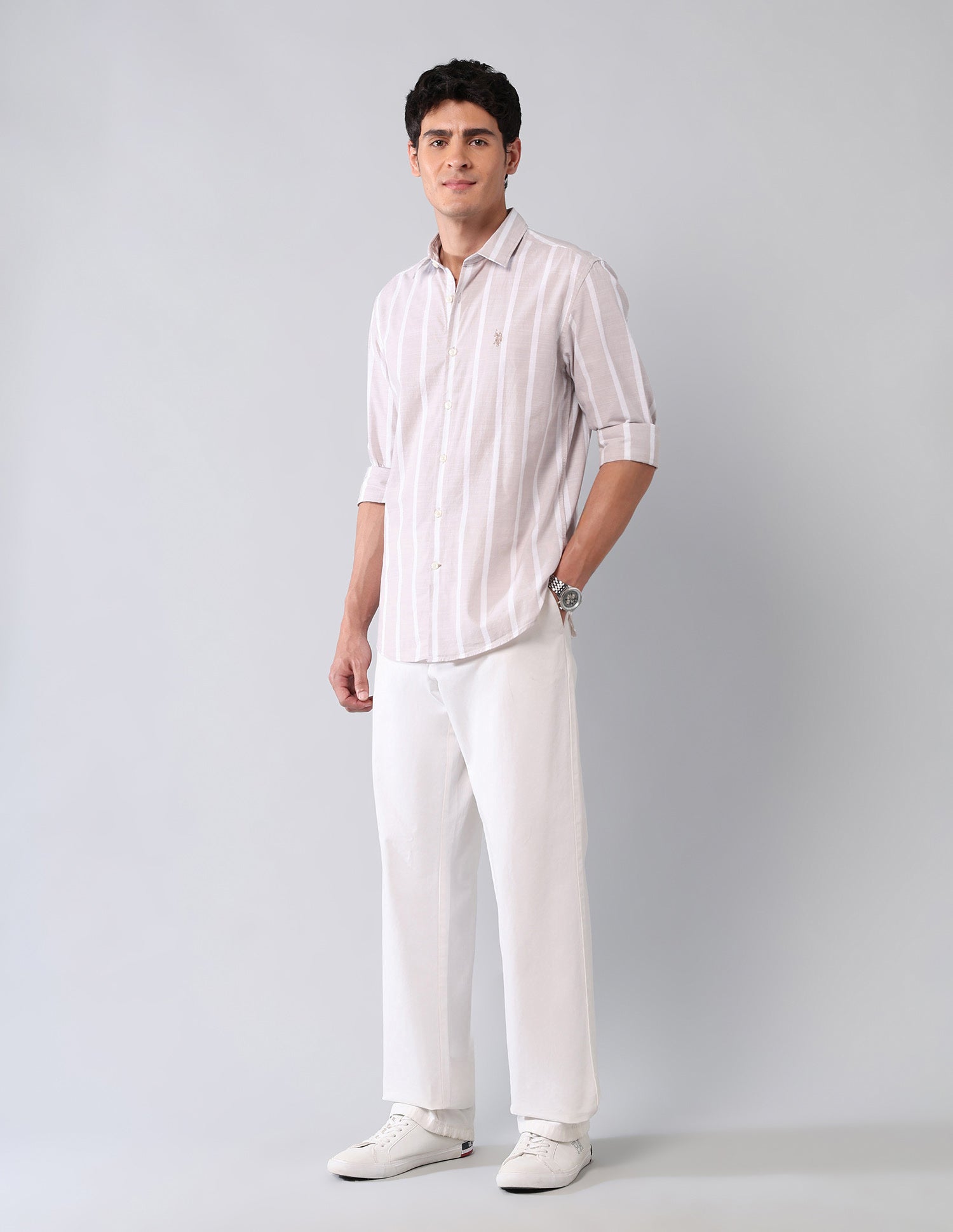 Vertical Striped Pure Cotton Shirt Khaki - U.S. Polo Assn. India | Large
