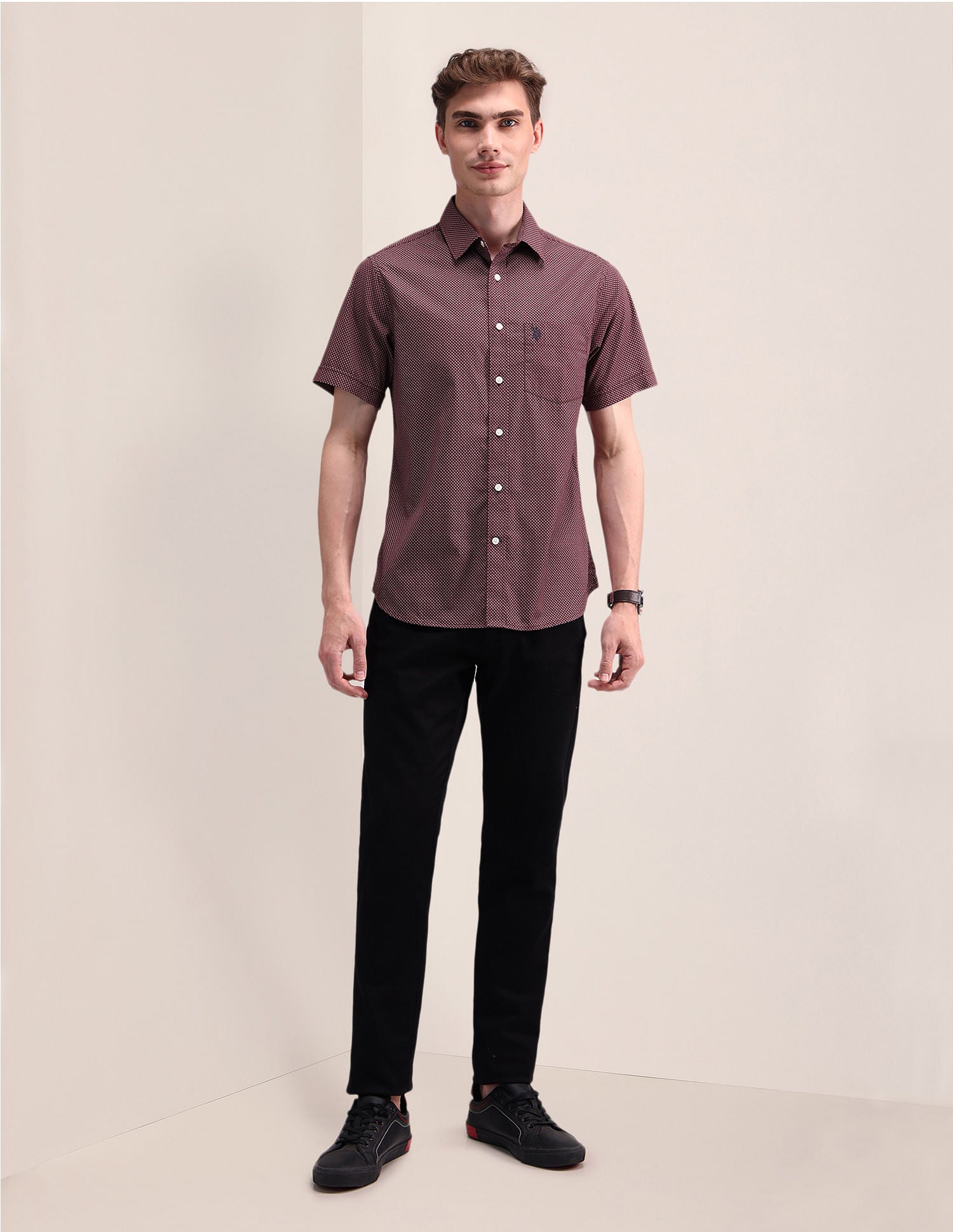 Geometric Print Pure Cotton Shirt Maroon - U.S. Polo Assn. India | Large