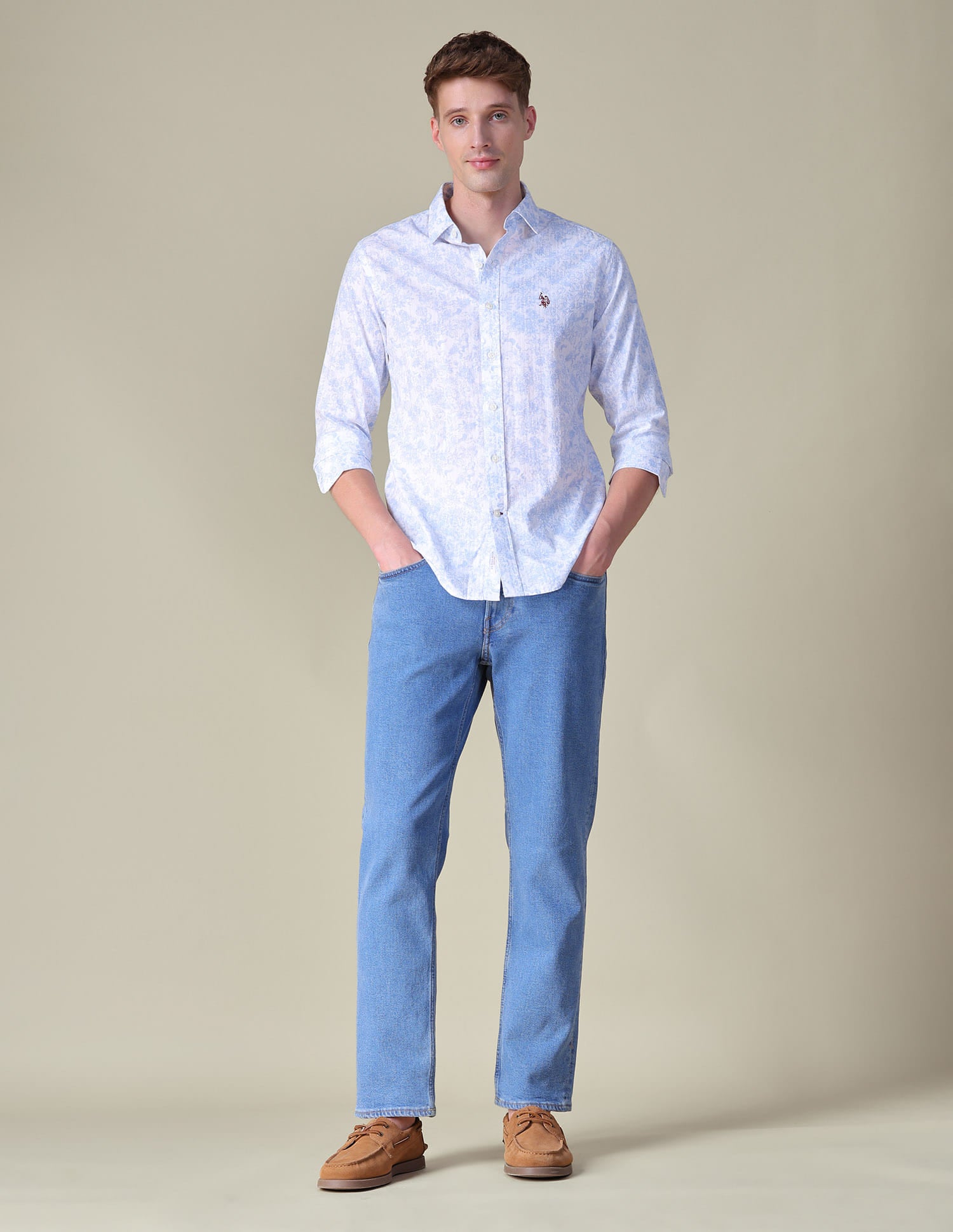 Floral Printed Tailored Fit Shirt Light Blue - U.S. Polo Assn. India | Large