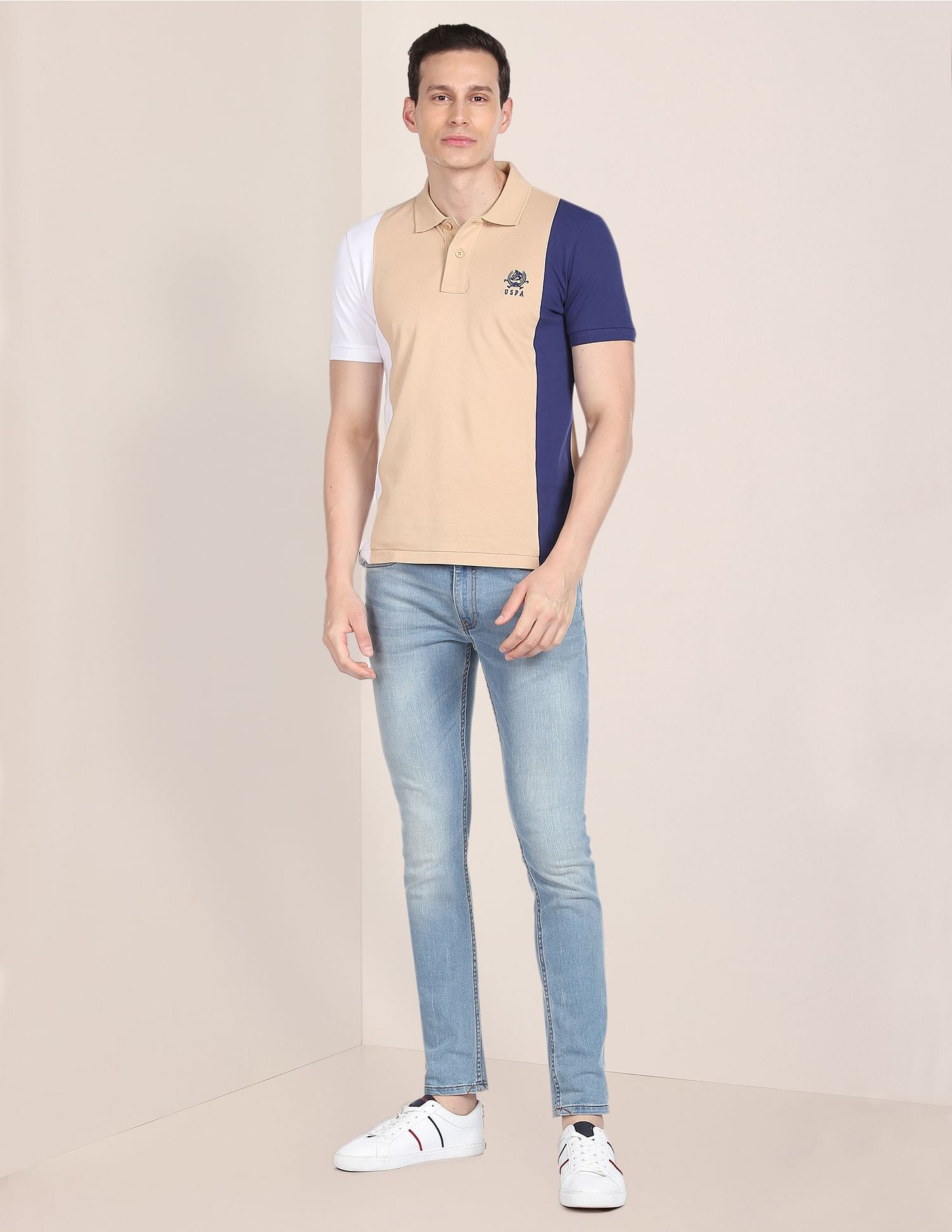 Colour Block Cotton Pique Polo Shirt Beige - U.S. POLO ASSN. | Large