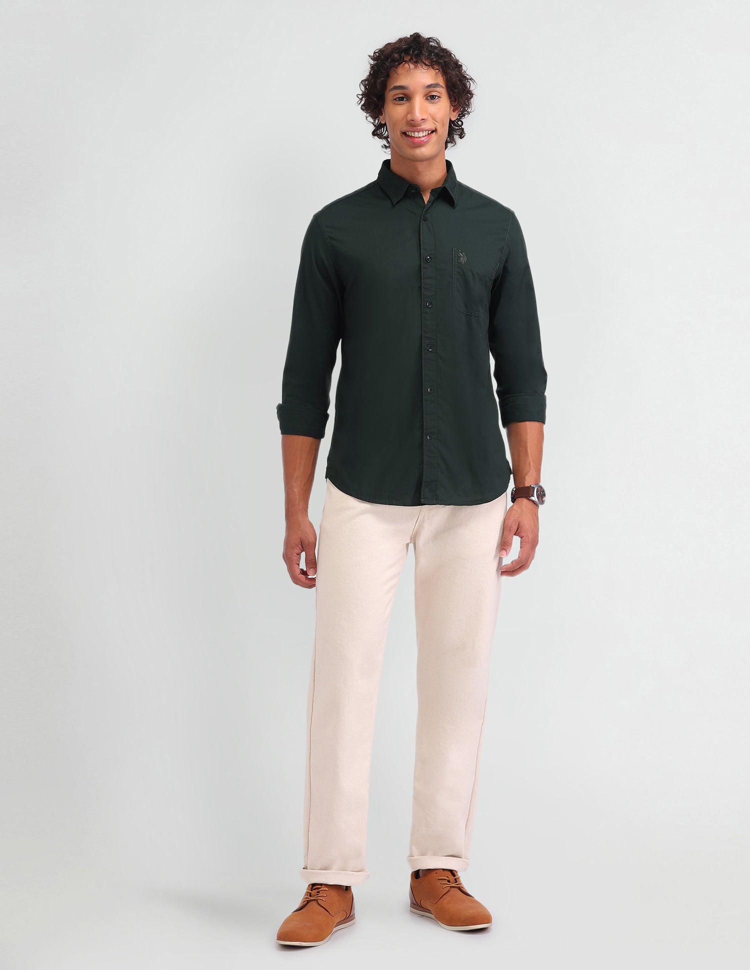 Solid Pattern Twill Shirt Dark Green - U.S. Polo Assn. India | Large