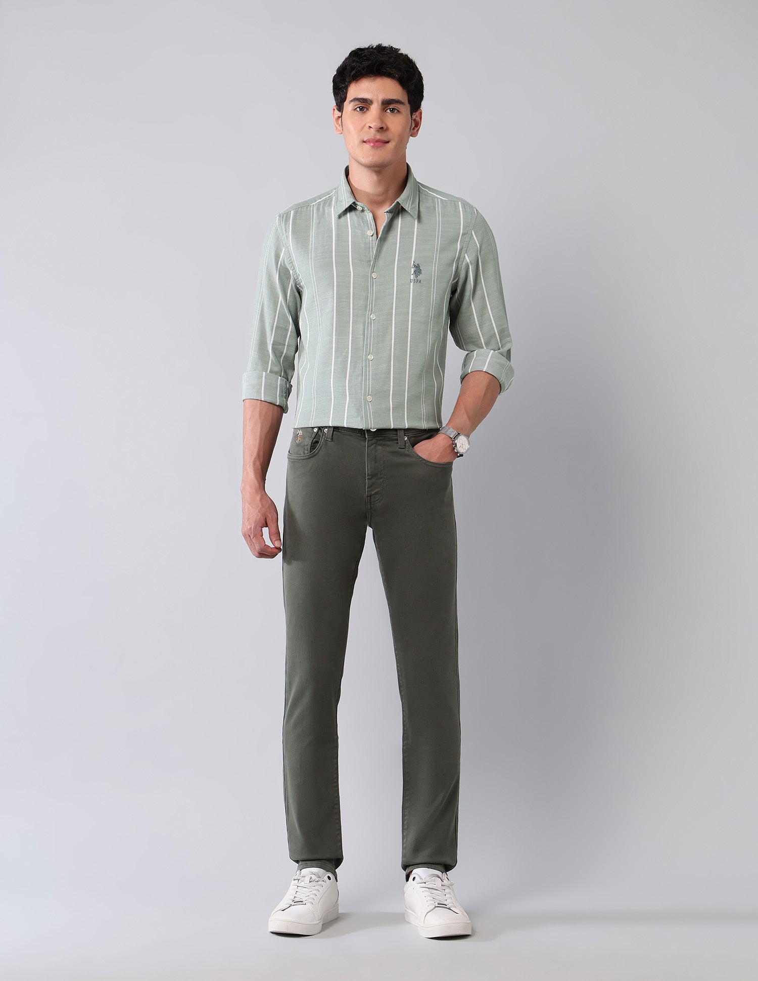 Vertical Striped Pure Cotton Shirt Light Green - U.S. Polo Assn. India | Large