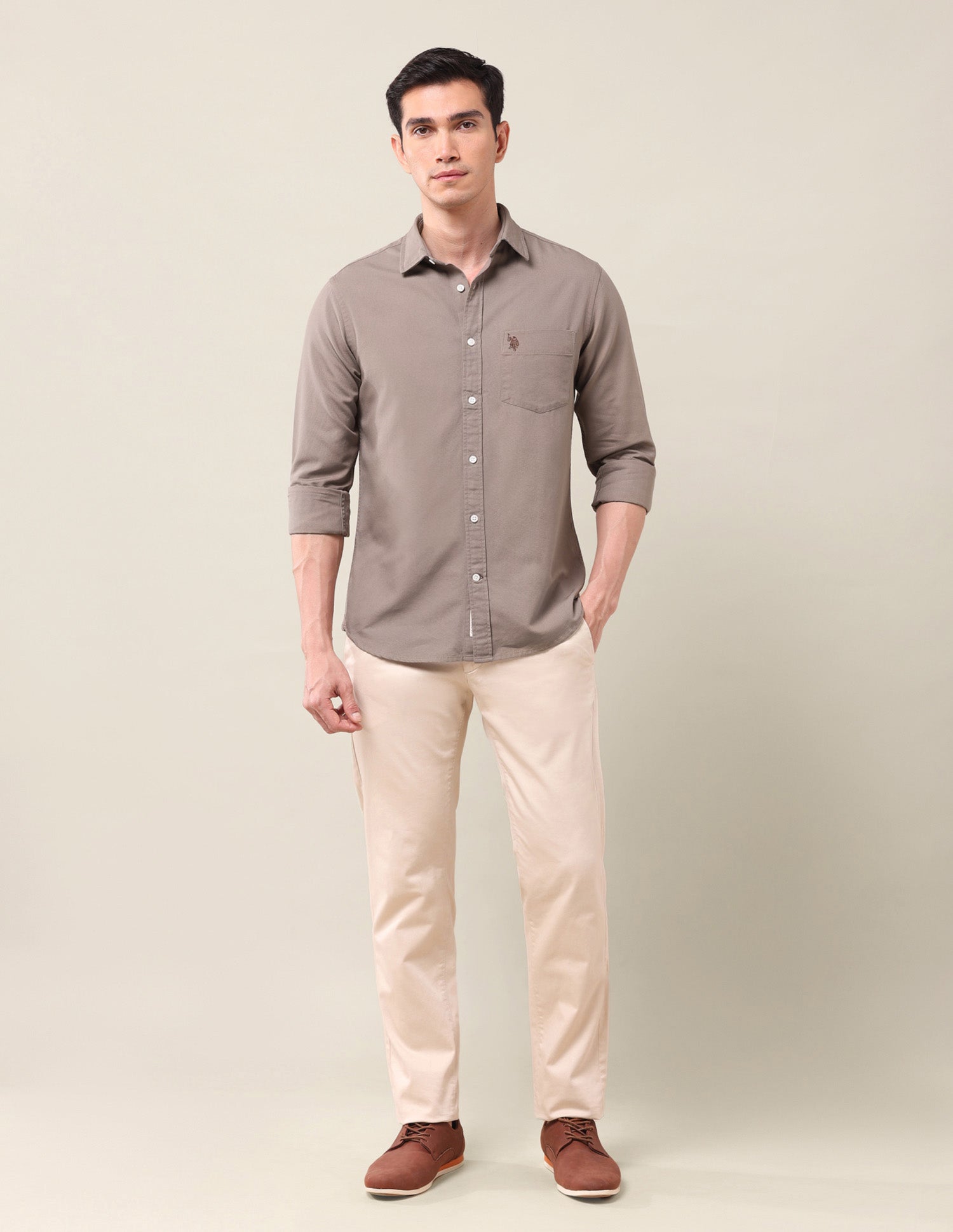 Tailored Fit Solid Shirt Light Brown - U.S. Polo Assn. India | Large
