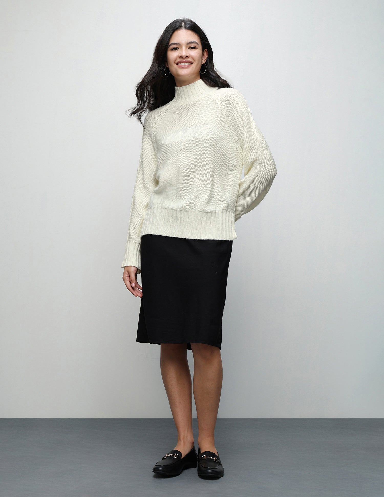 Brand Applique Cable Knit Sweater Off-White - U.S. Polo Assn. India | Large