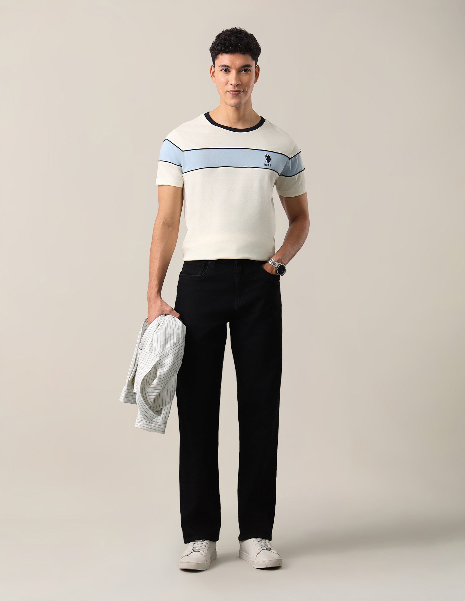 Solid Regular Fit T-Shirt Off White - U.S. Polo Assn. India | Large
