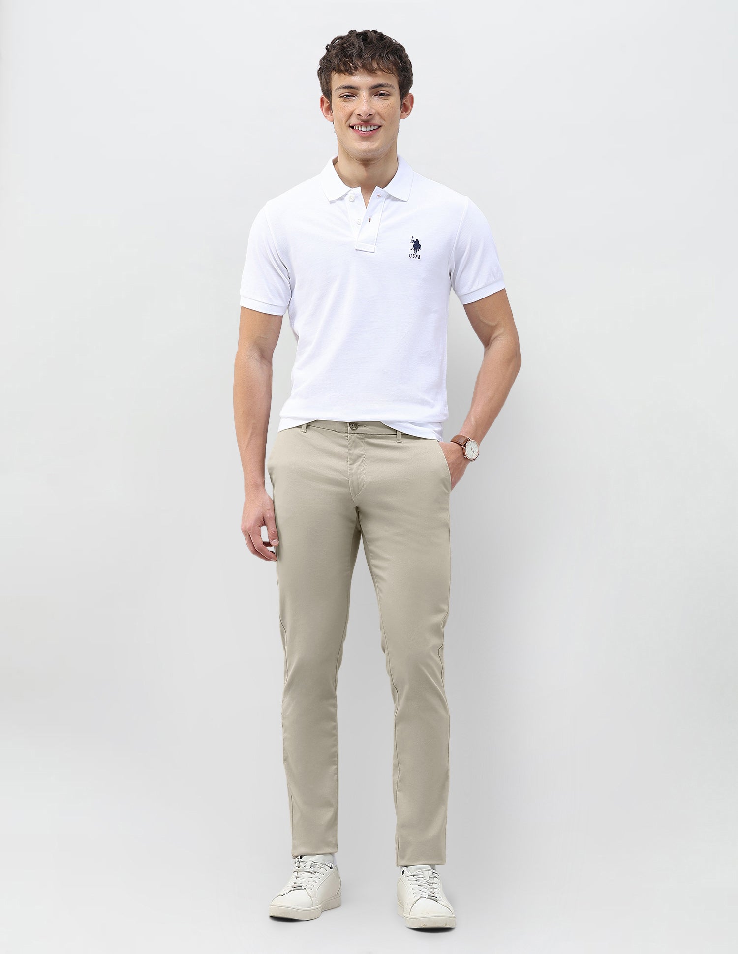 Denver Slim Fit Dobby Trousers Khaki - U.S. Polo Assn. India | Large