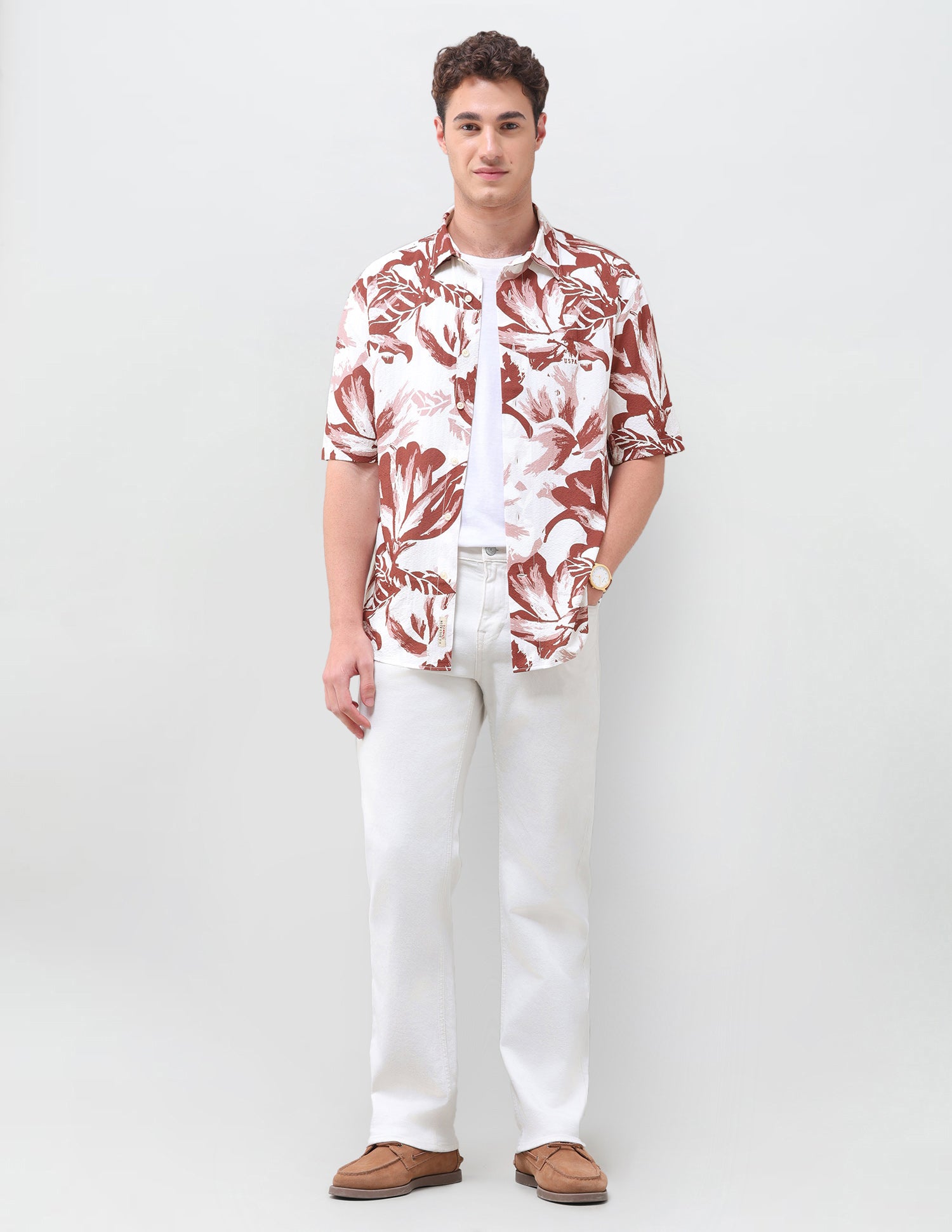 Floral Printed Crinkle Weave Shirt Rust - U.S. Polo Assn. India | Large