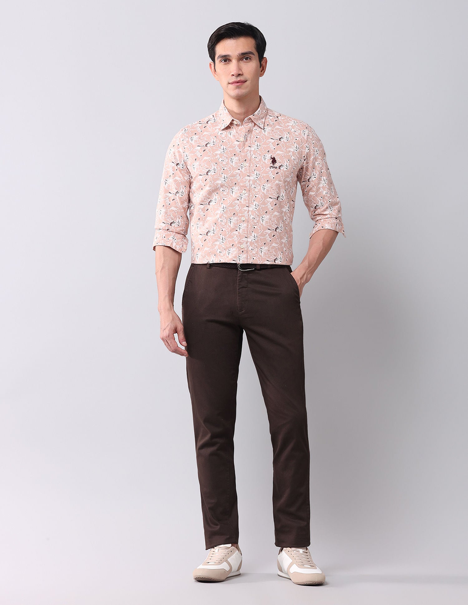 Regular Fit Dobby Printed Shirt Light Brown - U.S. POLO ASSN. | Large