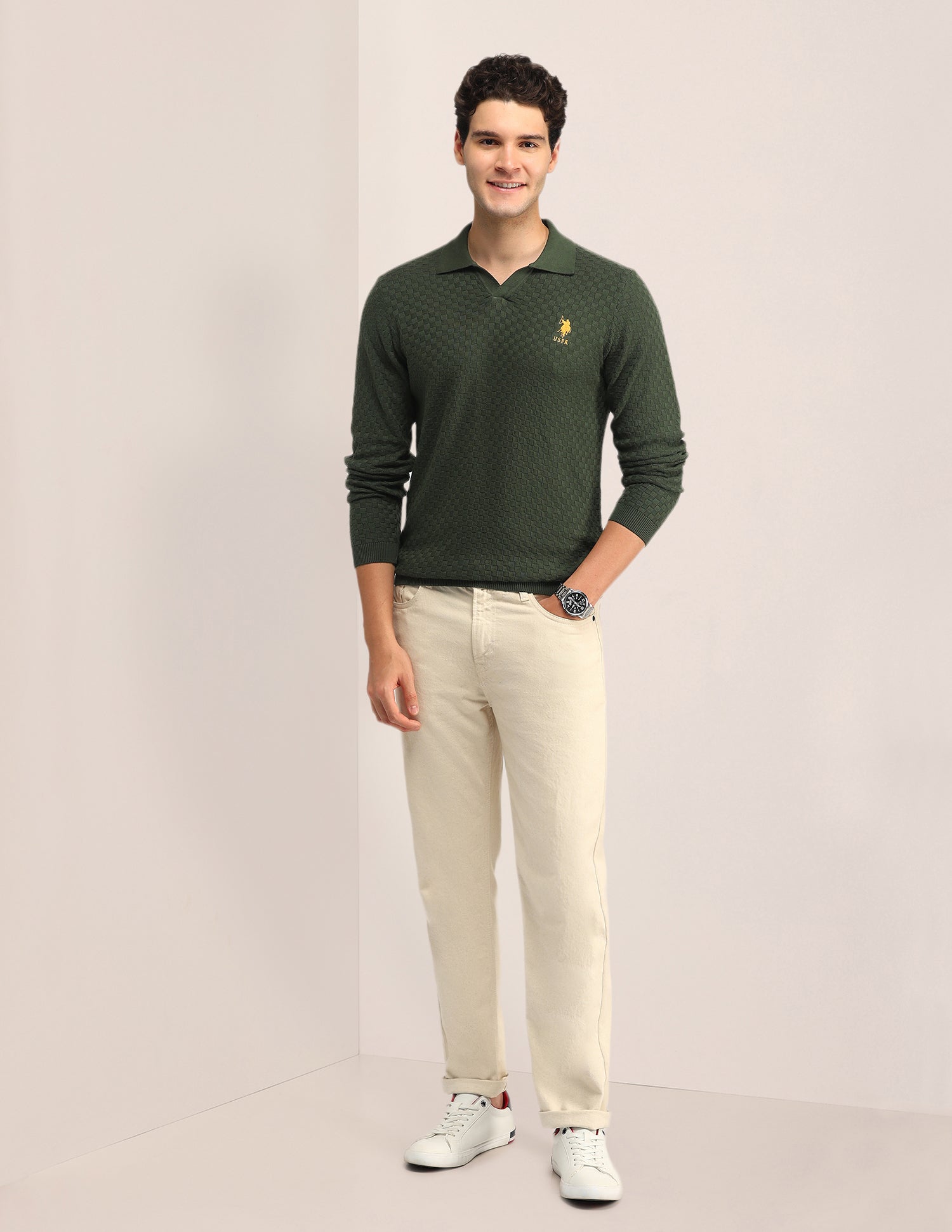 Textured Regular Fit Sweater Olive - U.S. Polo Assn. India | Large