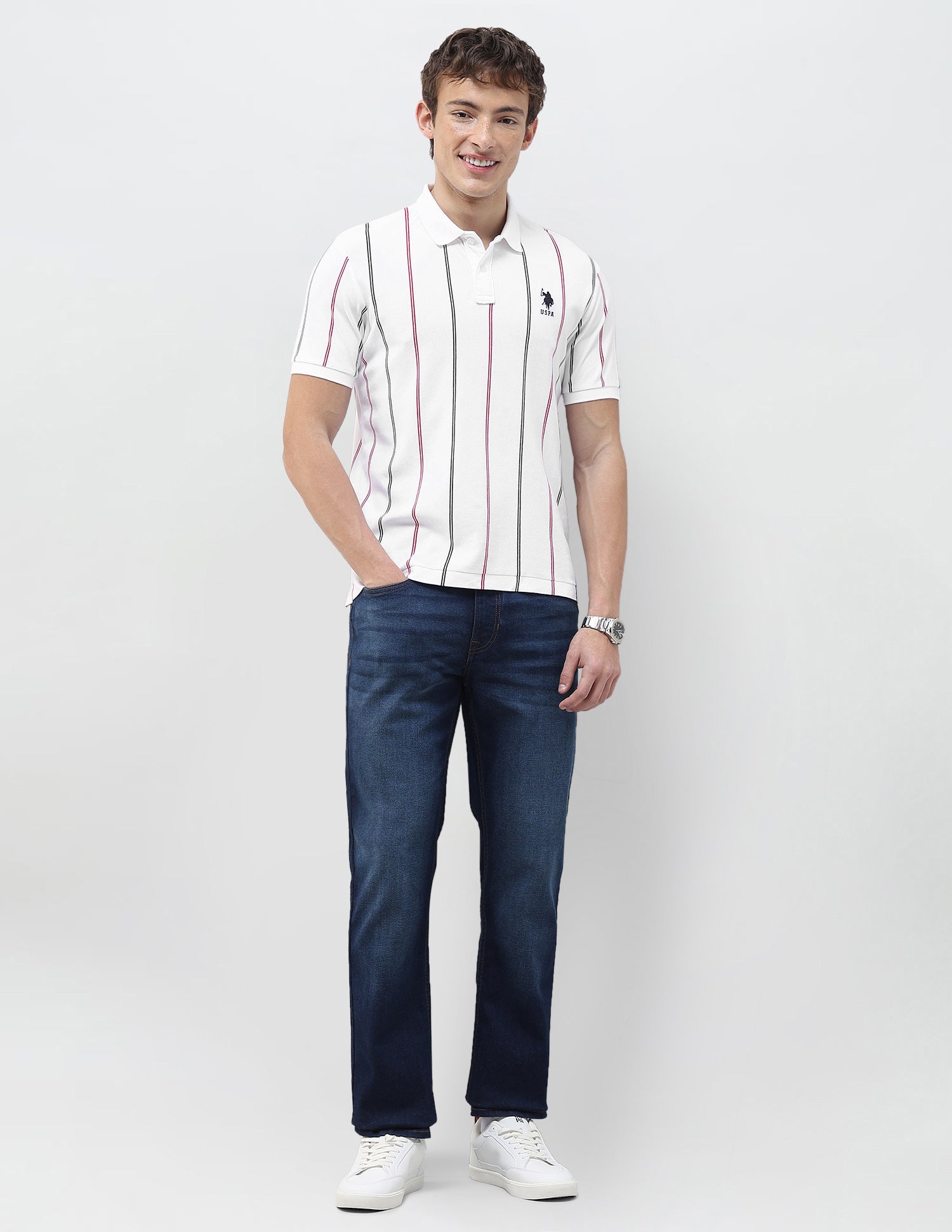 Vertical Striped Slim Fit Polo Shirt White - U.S. Polo Assn. India | Large
