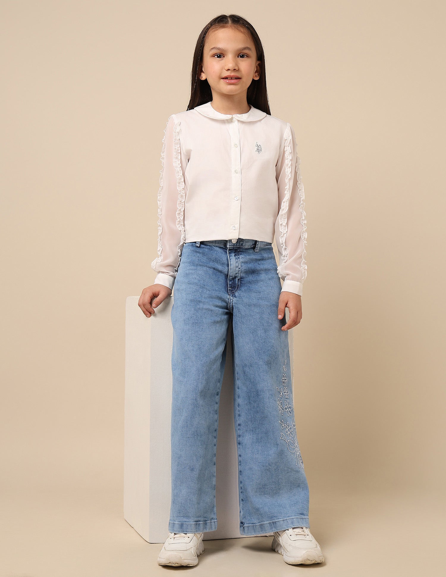 Girls Stone Washed Wide Leg Fit Jeans Blue - U.S. POLO ASSN. | Large