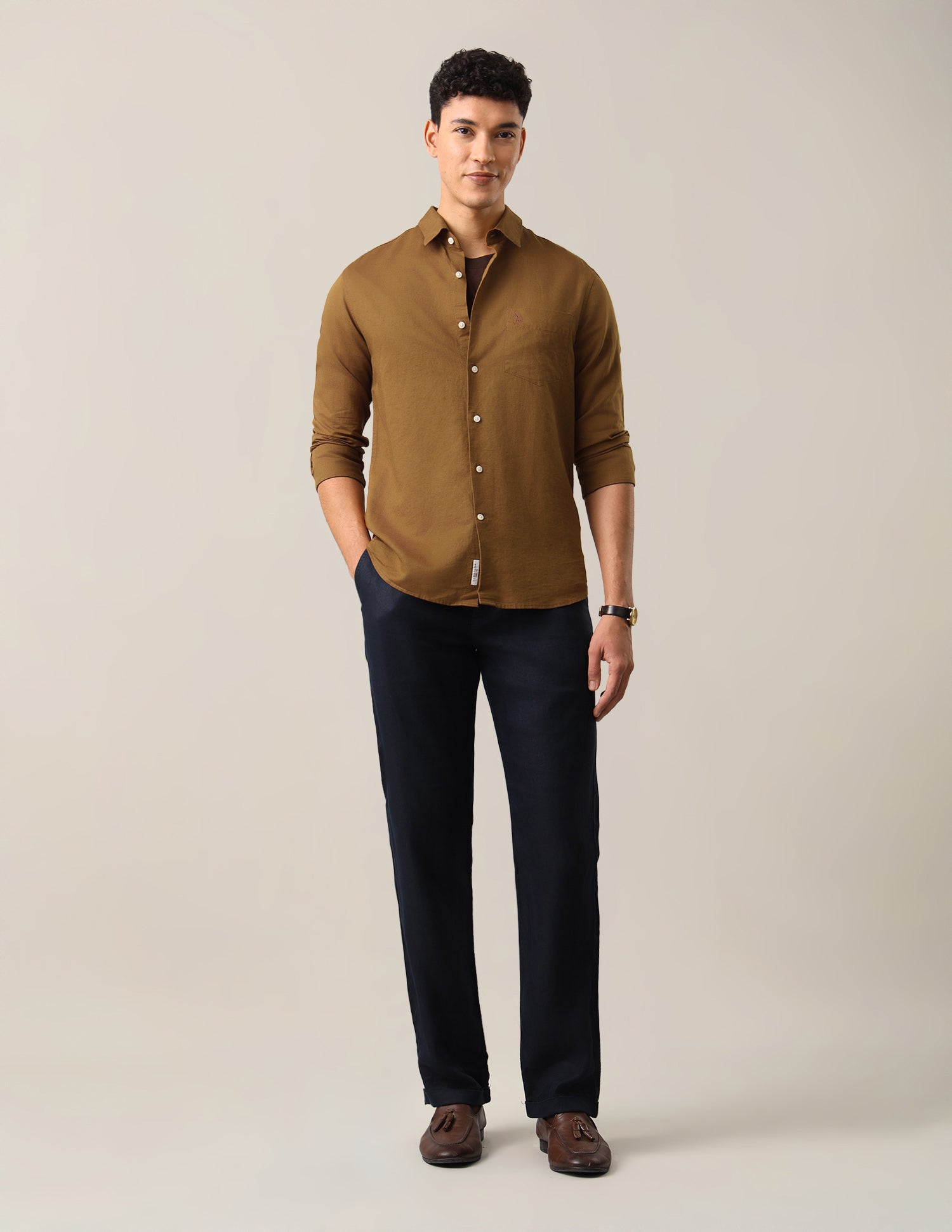 Solid Tailored Fit Shirt Khaki - U.S. Polo Assn. India | Large