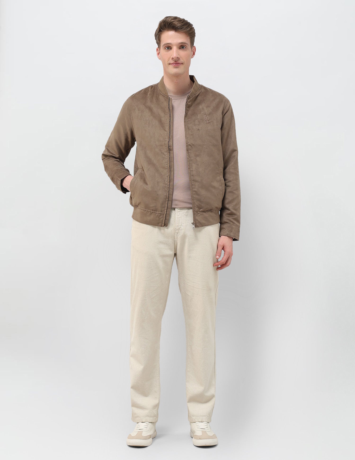Solid Regular Fit Bomber Jacket Light Brown - U.S. Polo Assn. India | Large