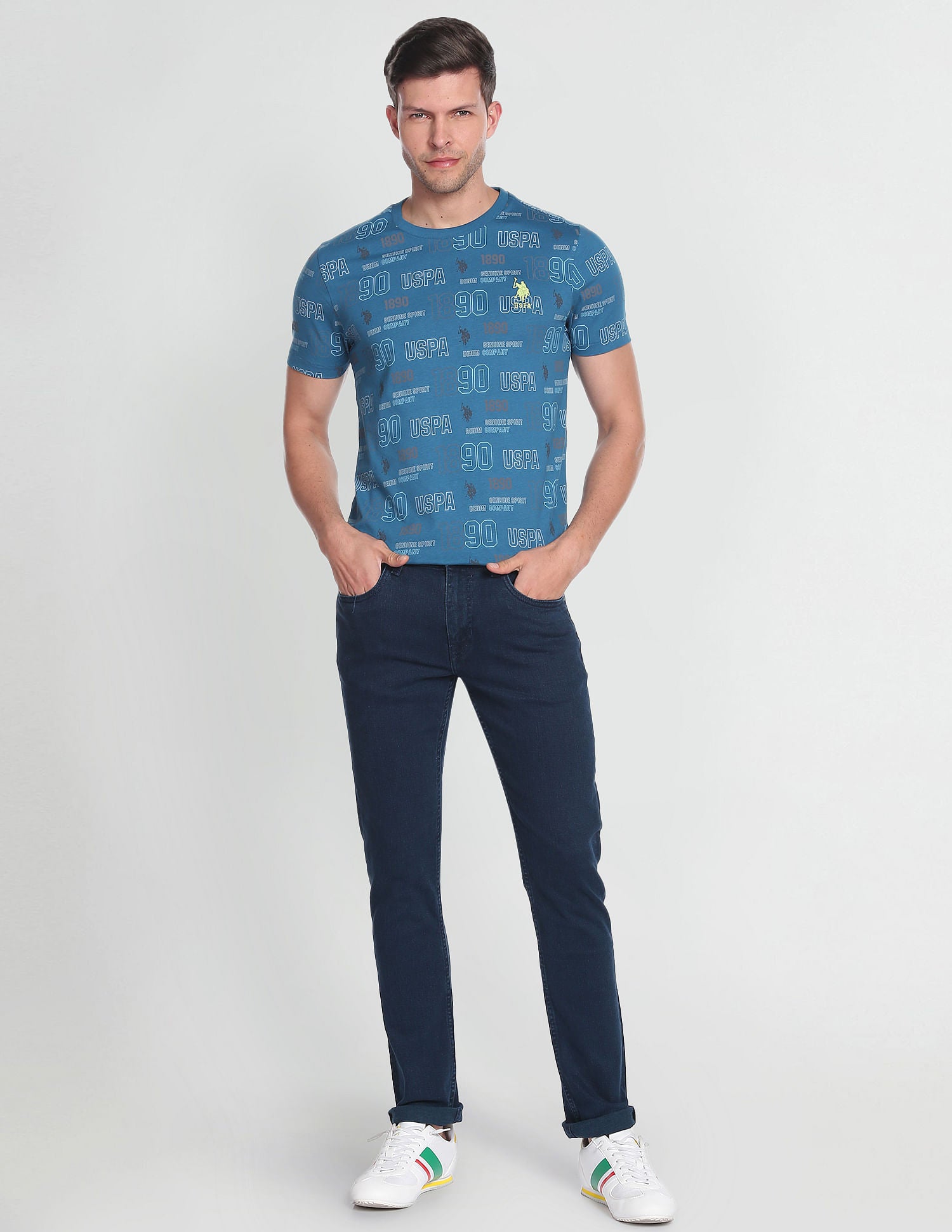 Iconic All Over Brand Print T-Shirt Blue - U.S. Polo Assn. India | Large