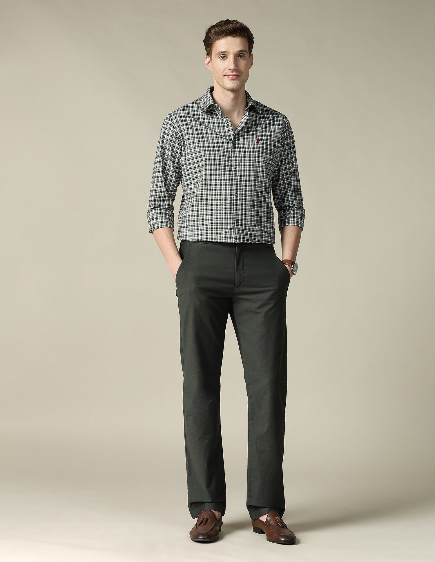 Tartan Checked Tailored Fit Shirt Olive - U.S. Polo Assn. India | Large
