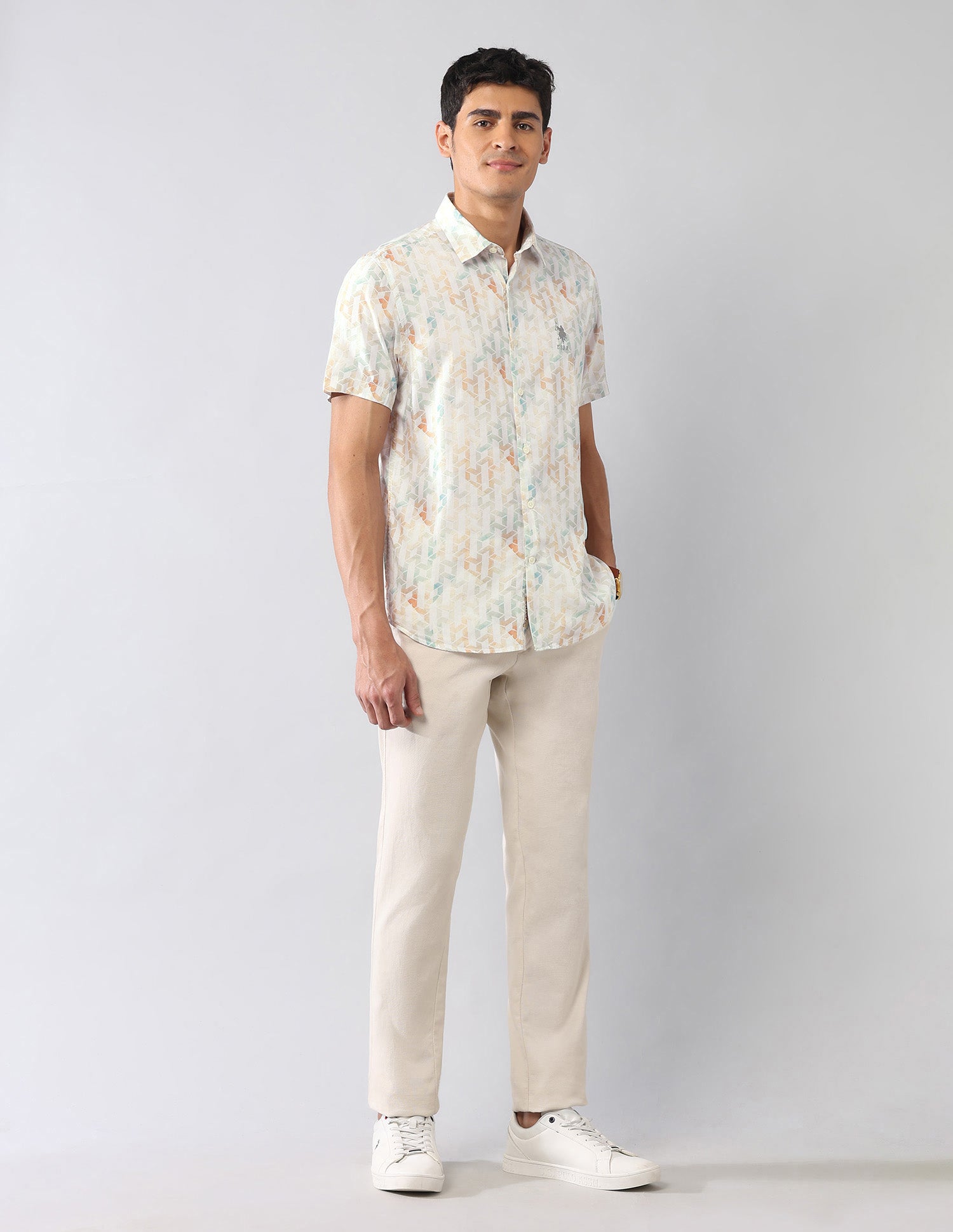 Geometric Printed Satin Regular Fit Shirt Light Green - U.S. Polo Assn. India | Large