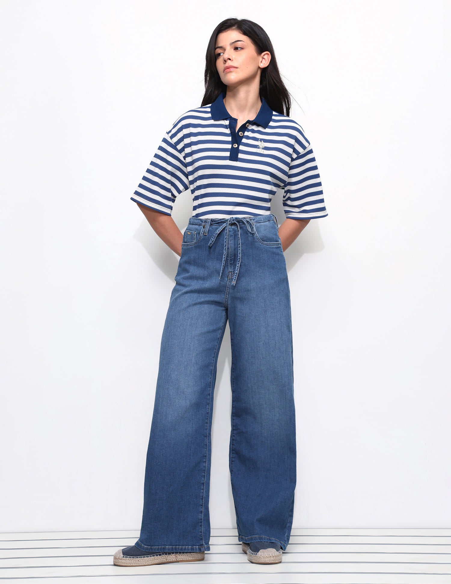 High Rise Baggy Fit Tie Up Jeans Blue - U.S. Polo Assn. India | Large