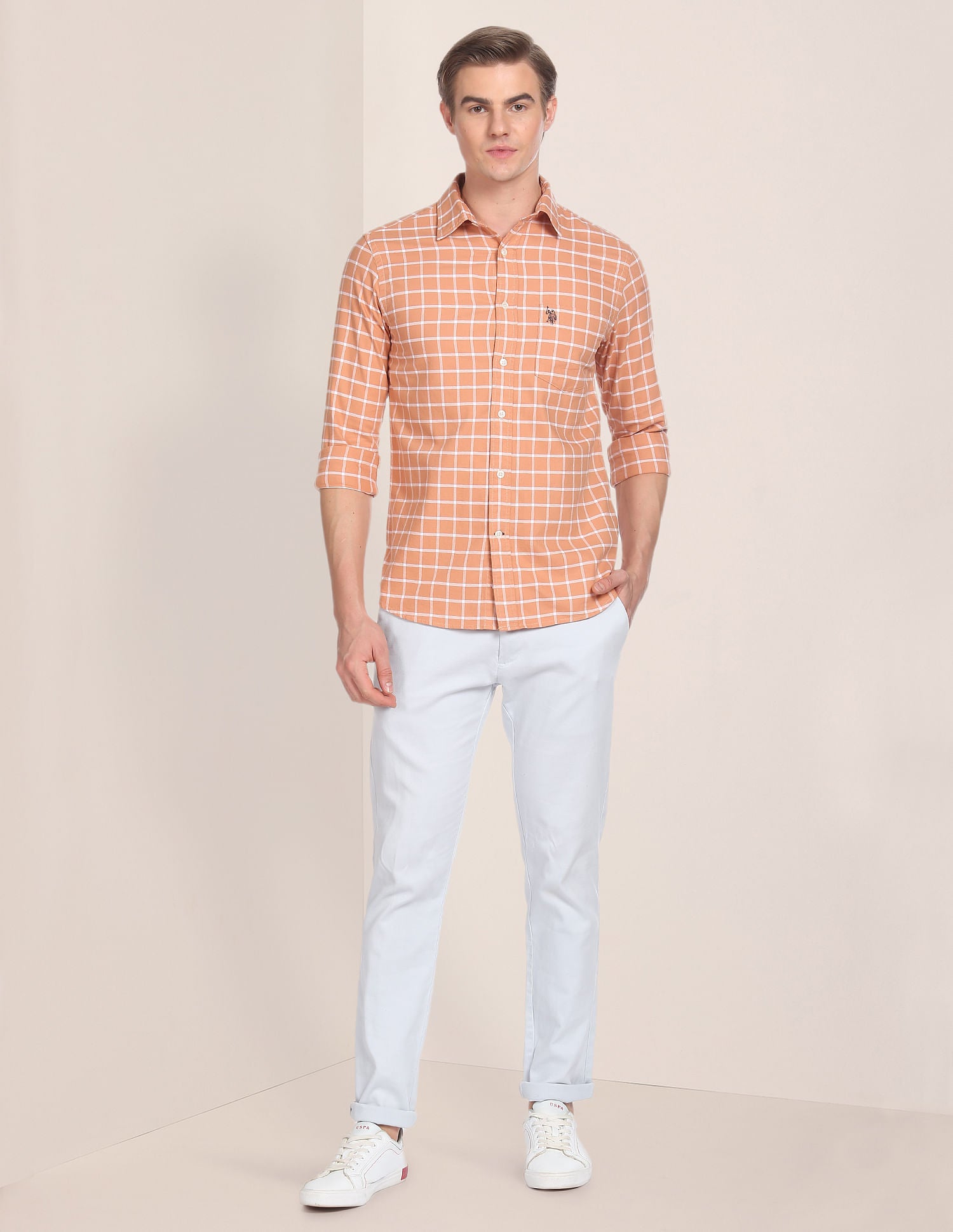 Long Sleeve Windowpane Checks Shirt Peach - U.S. POLO ASSN. | Large