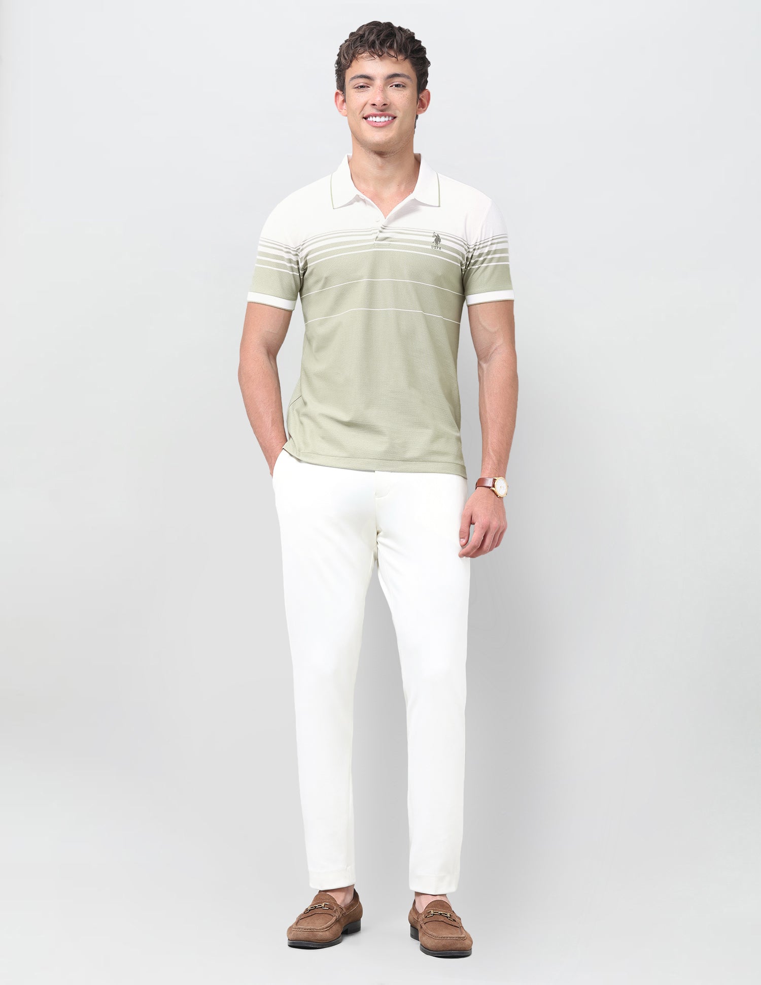 Horizontal Striped Slim Fit Polo Shirt Light Green - U.S. Polo Assn. India | Large