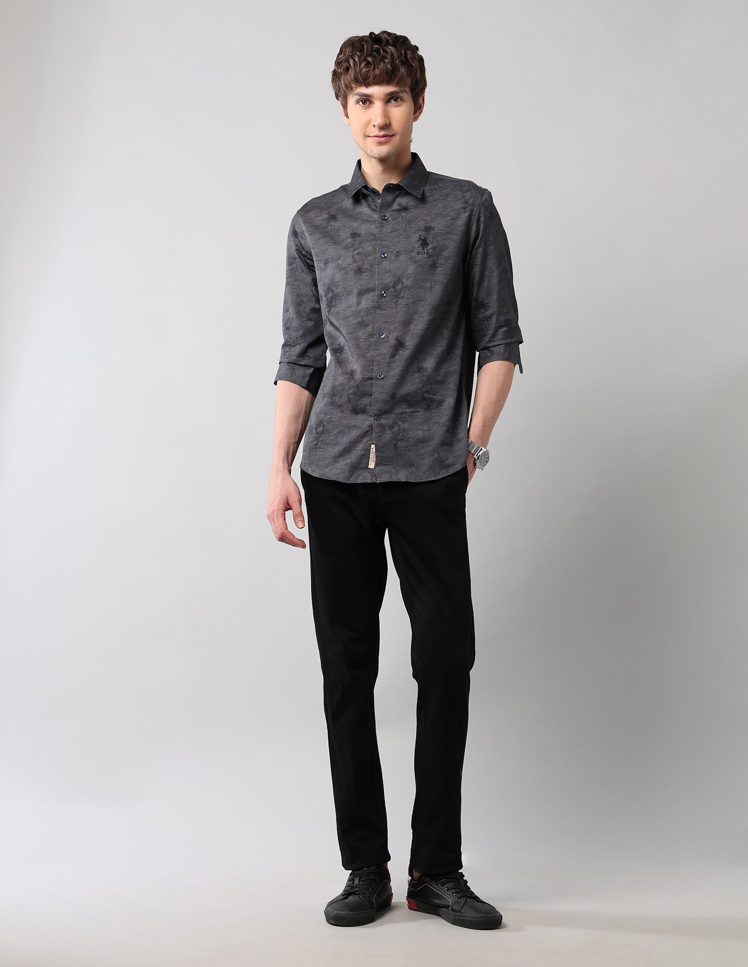 All-Over Printed Pure Cotton Shirt Dark Grey - U.S. Polo Assn. India | Large
