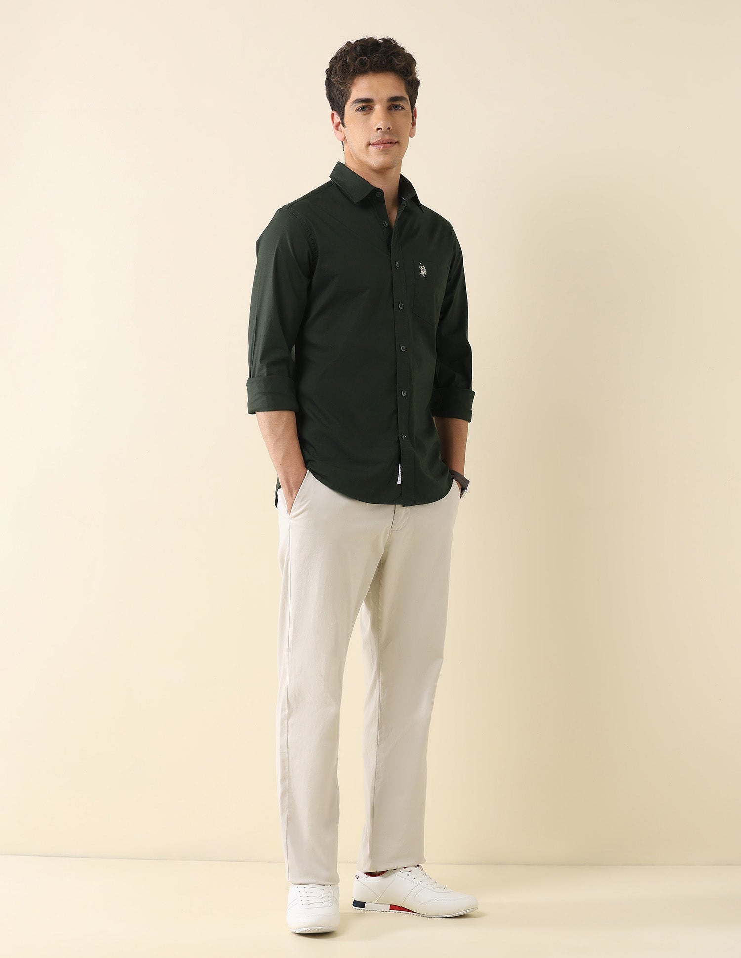 Solid Tailored Fit Regular Shirt Green - U.S. Polo Assn. India | Large