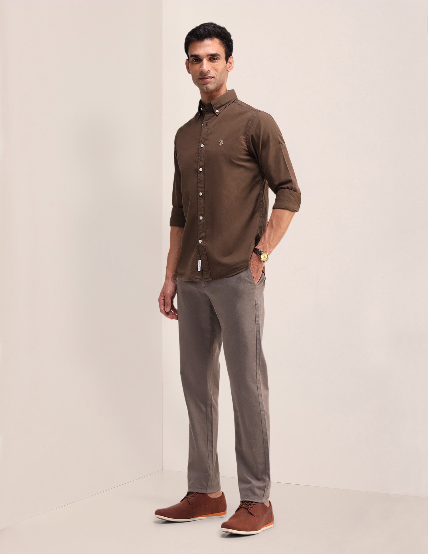 Solid Pattern Twill Shirt Brown - U.S. Polo Assn. India | Large
