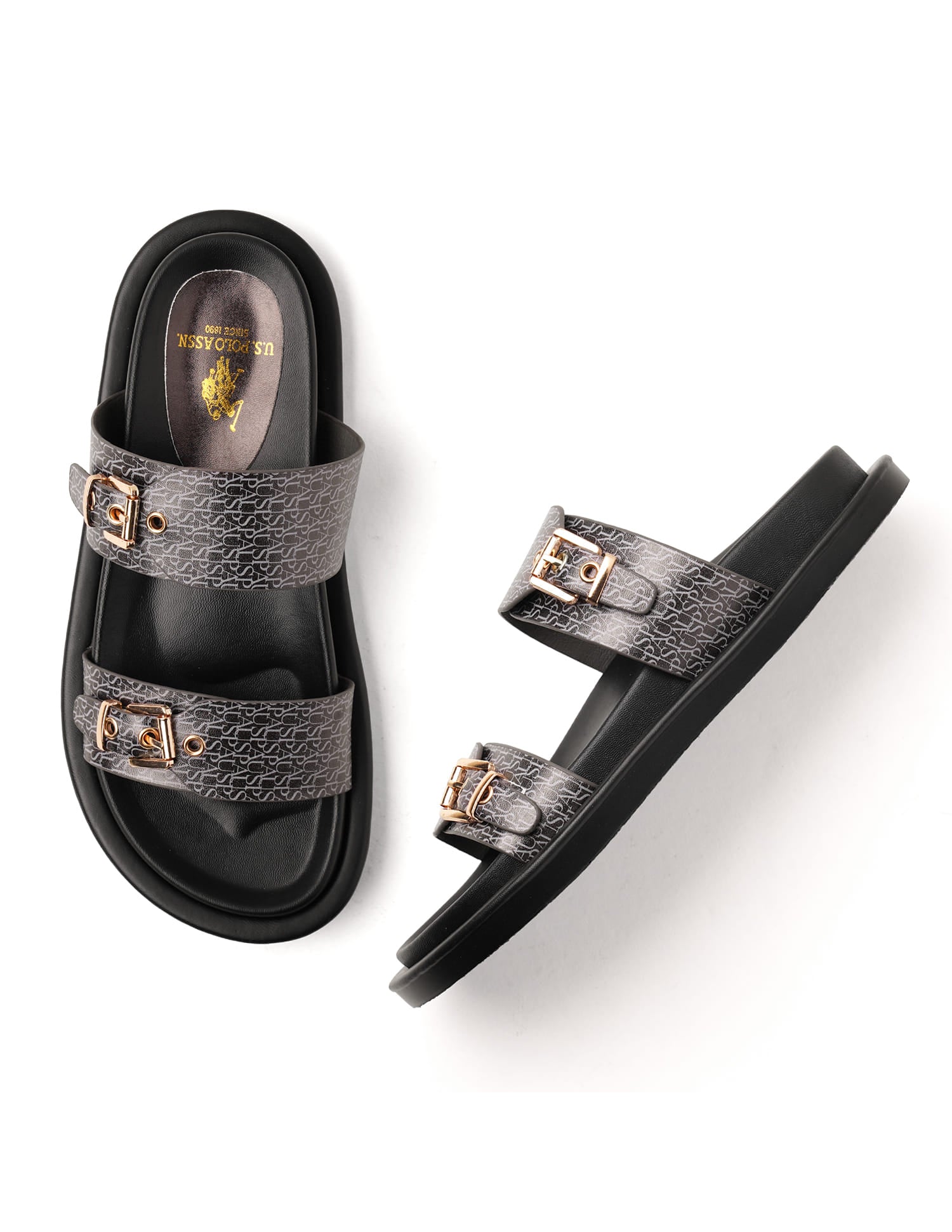 Maria Black Monogram Print Footbed Flats Black - U.S. Polo Assn. India | Large