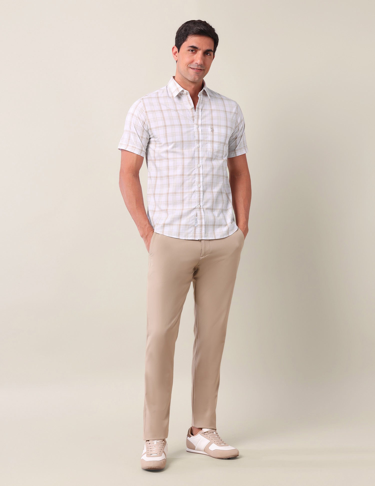 Grid Tattersall Checked Tailored Fit Shirt Light Beige - U.S. Polo Assn. India | Large