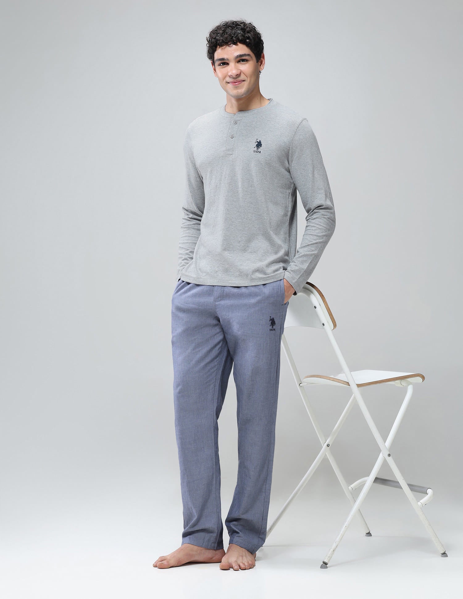 Comfort Fit Cotton I694 Henley Lounge T-Shirt - Pack Of 1 Grey Melange - U.S. Polo Assn. India | Large