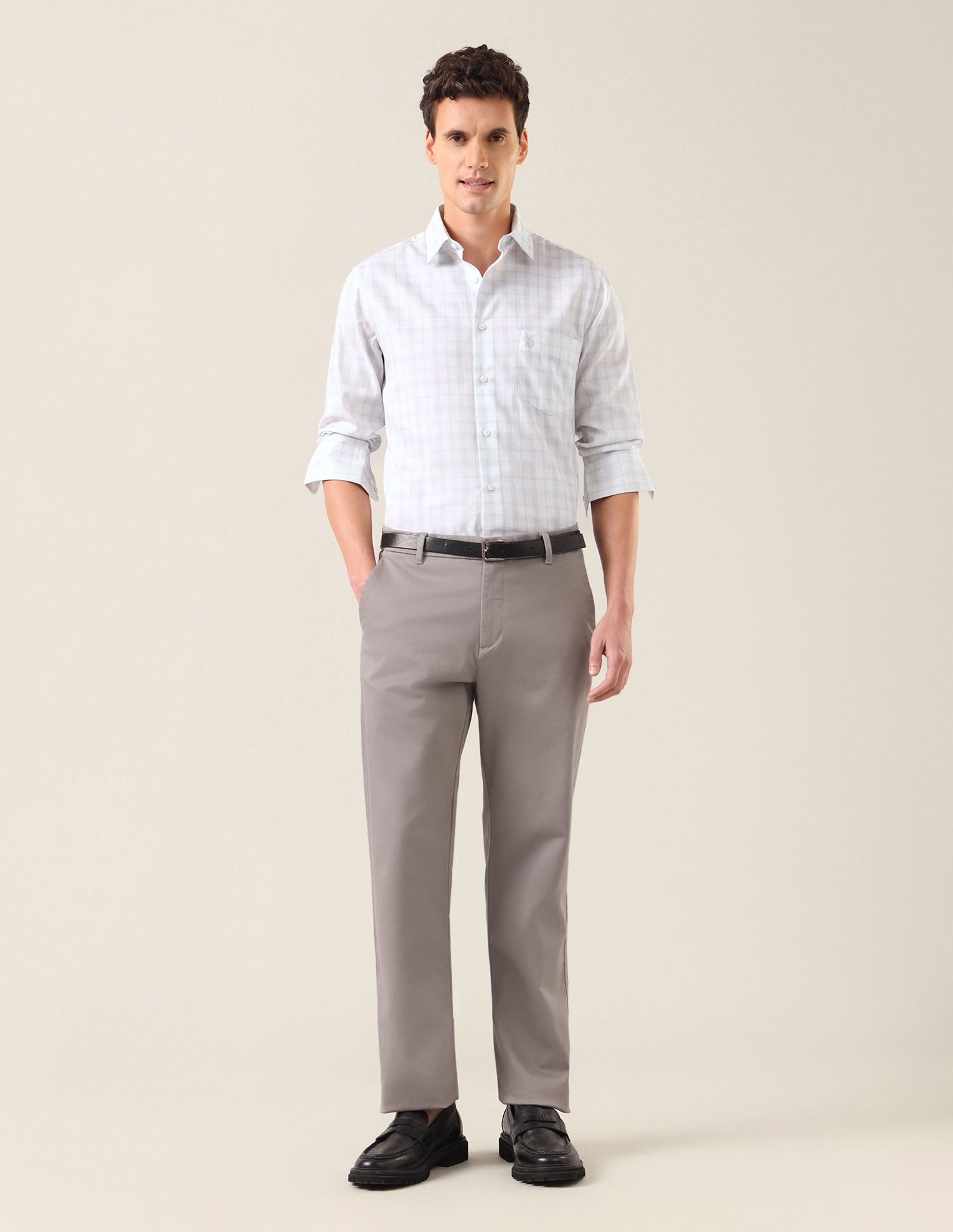 Grid Tattersall Checked With Textured Tailored Fit Shirt Light Grey - U.S. Polo Assn. India | Large