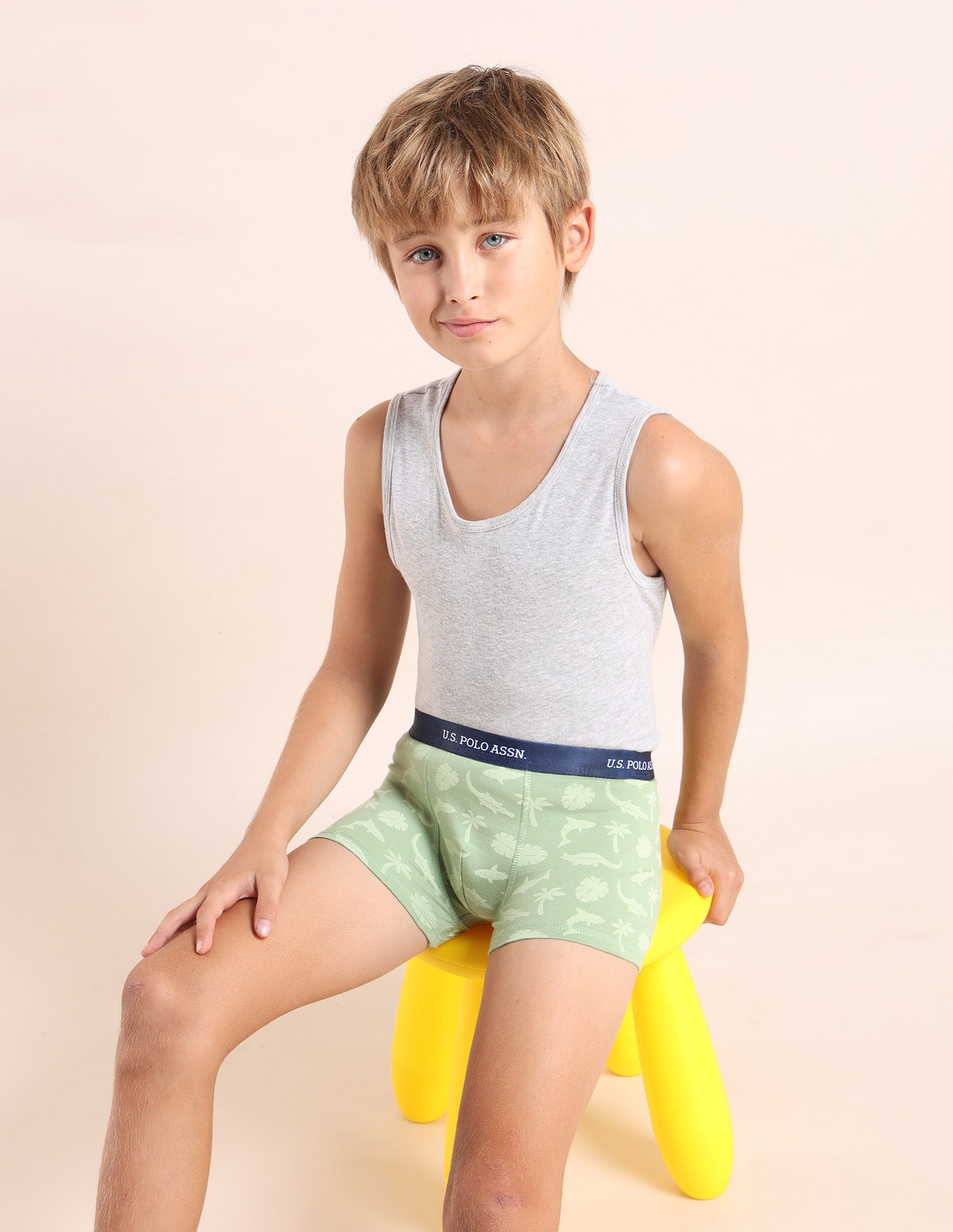 Boys Mid Rise Cotton Spandex Trunks - Pack Of 3 Navy, Green and Navy - U.S. POLO ASSN. | Large