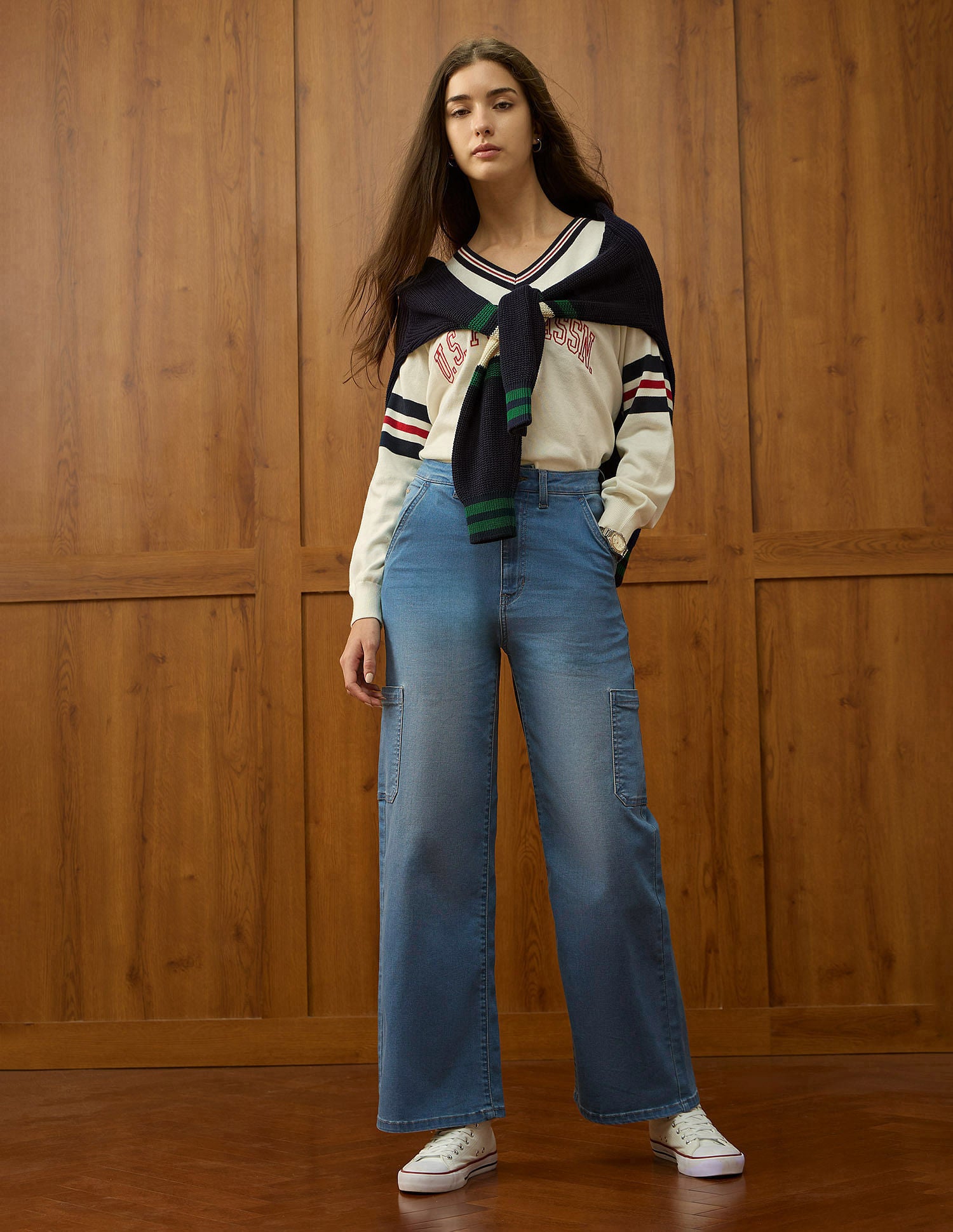 High Rise Wide Leg Cargo Jeans Mid Blue Khaki Tint - U.S. POLO ASSN. | Large